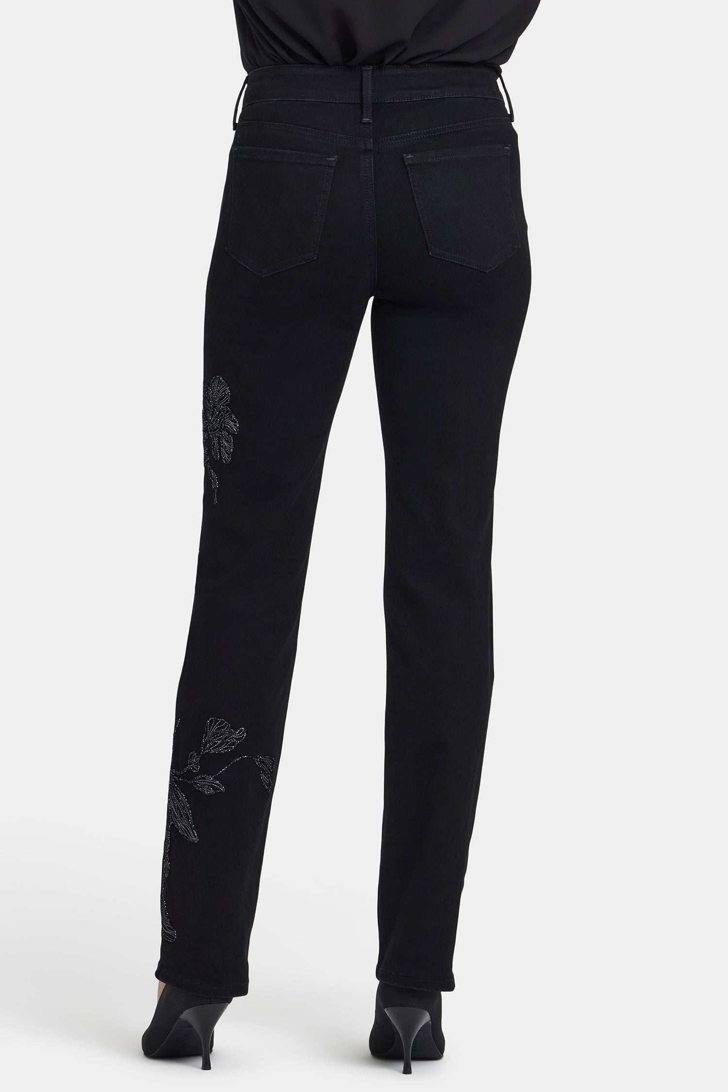 NYDJ Marilyn Straight Jeans In Petite With Embroidery - Black Rinse