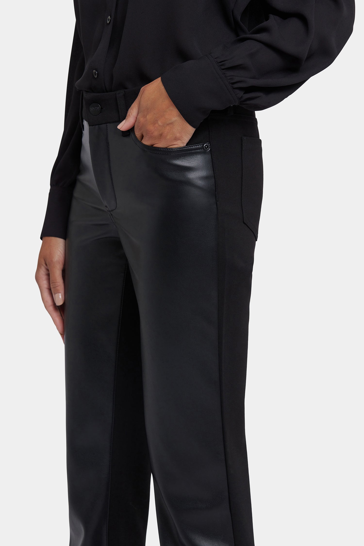 NYDJ Vegan Stretch Leather Marilyn Straight Pants In Petite Sculpt-Her™ Collection - Black