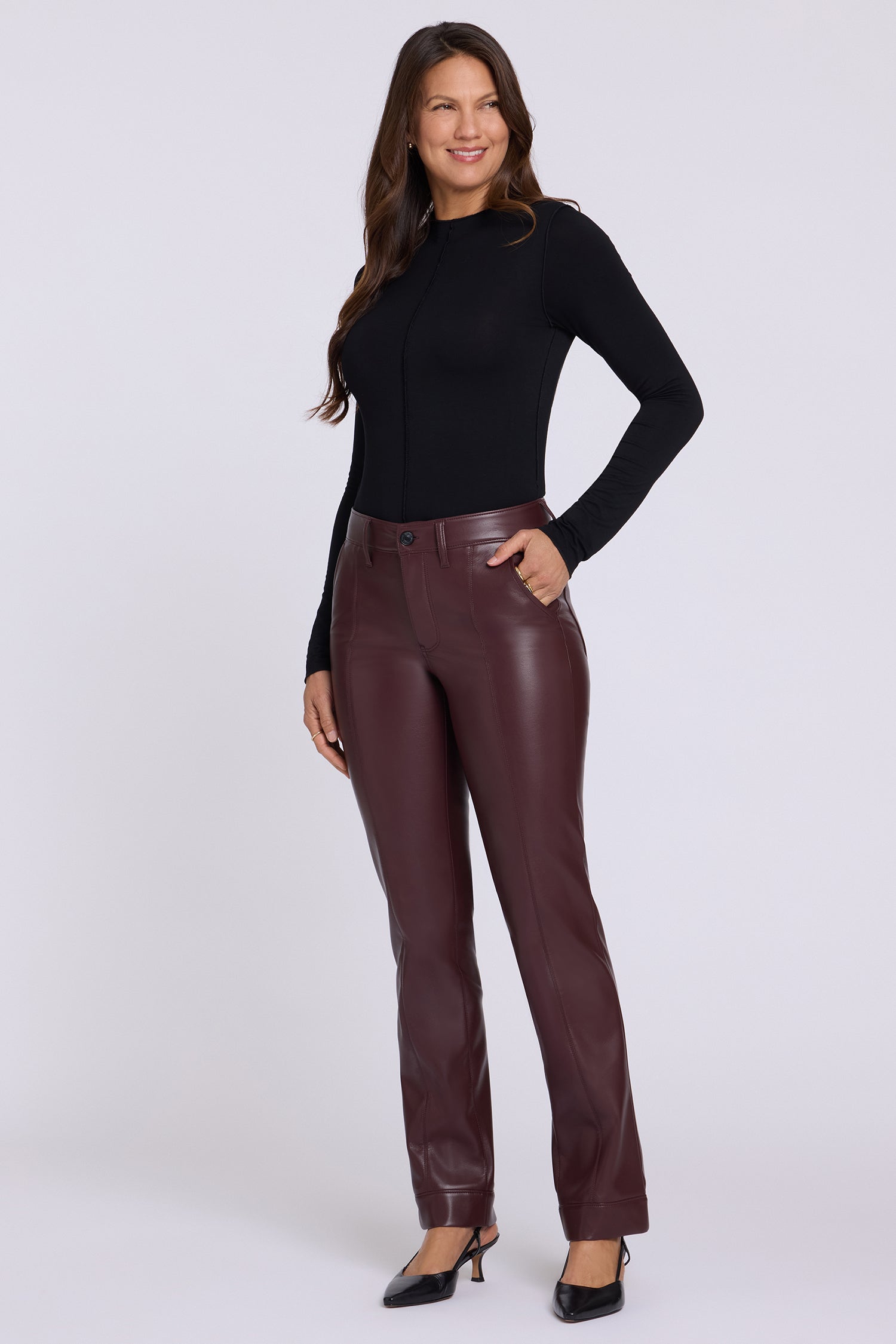 NYDJ Vegan Leather Marilyn Straight Pants With Band Hems In Petite Sculpt-Her™ Collection - Bitter Chocolate