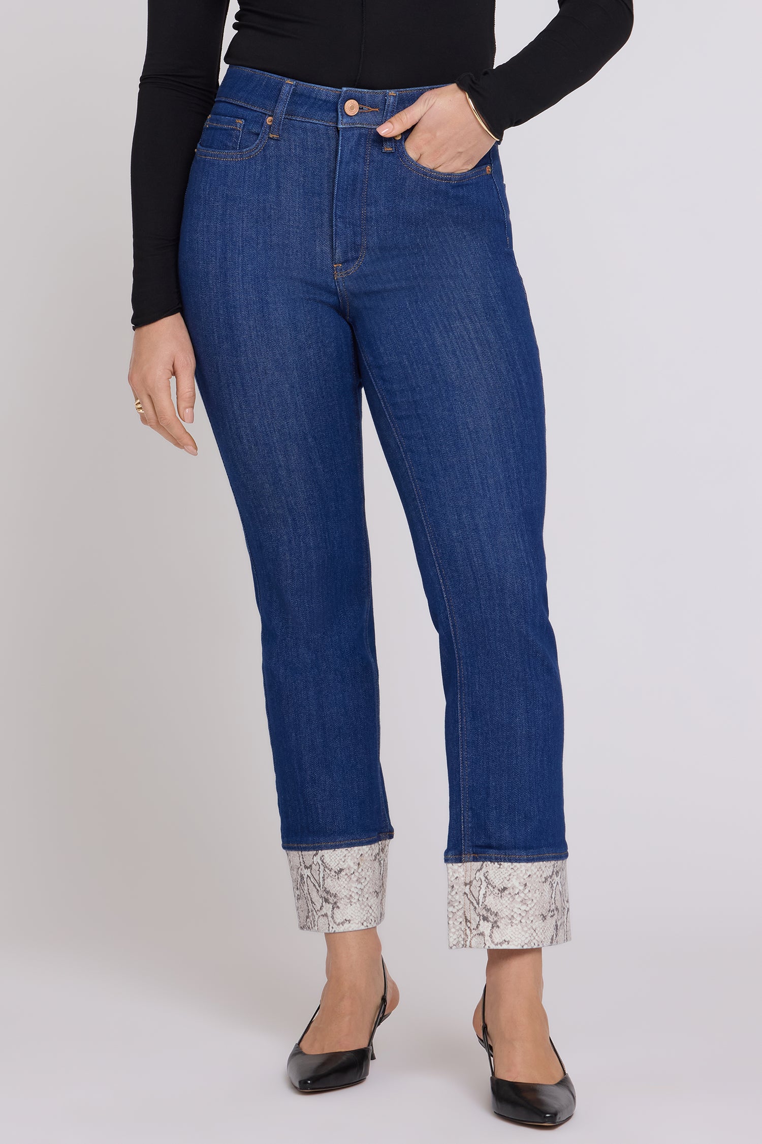 NYDJ Marilyn Straight Jeans In Petite With High Rise, Python Print Cuffs and 28" Inseam - Blue Rinse