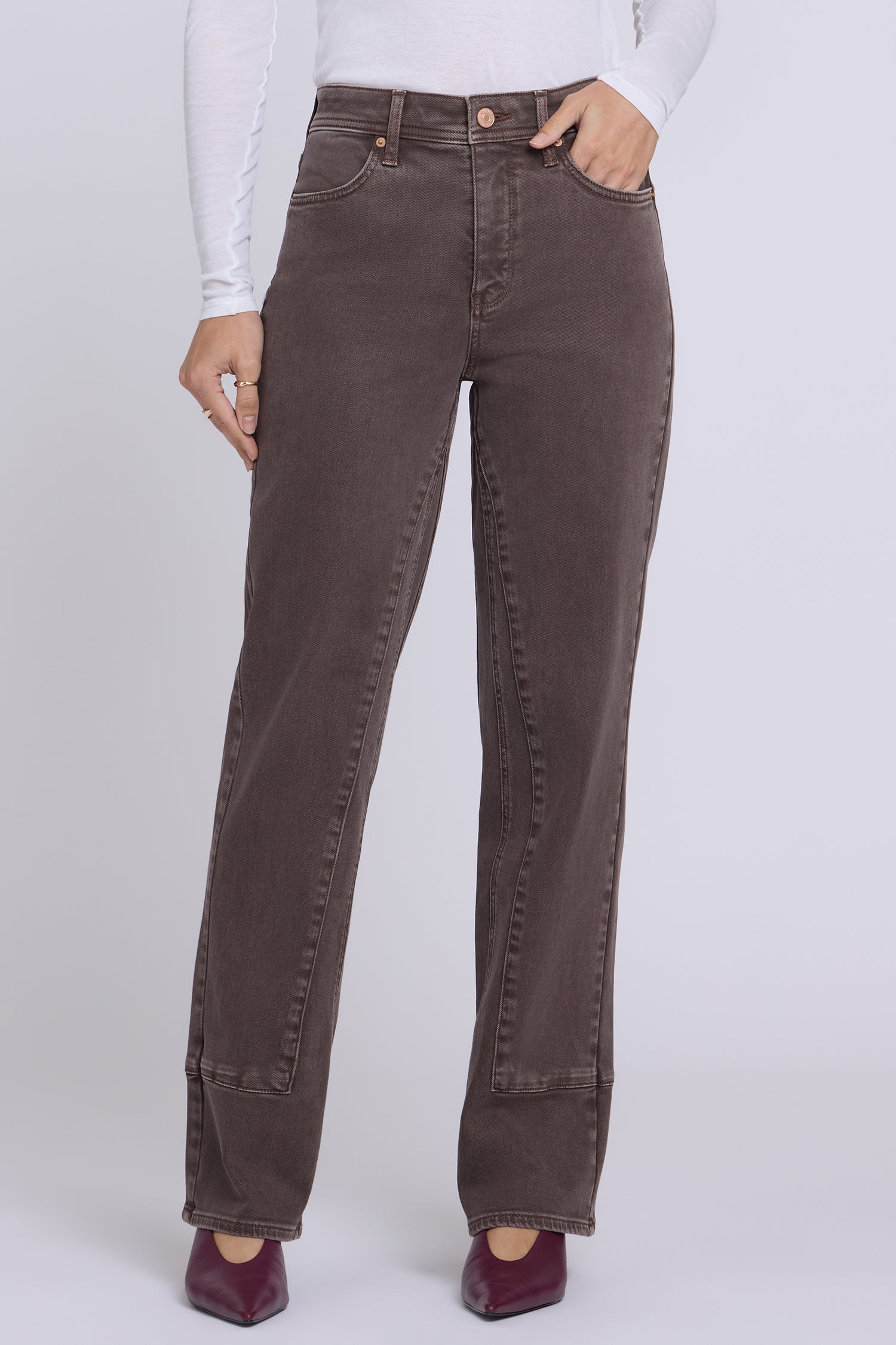 NYDJ Brooke Loose Straight Jeans In Petite With Paneled Seam Detail - Retro Espresso