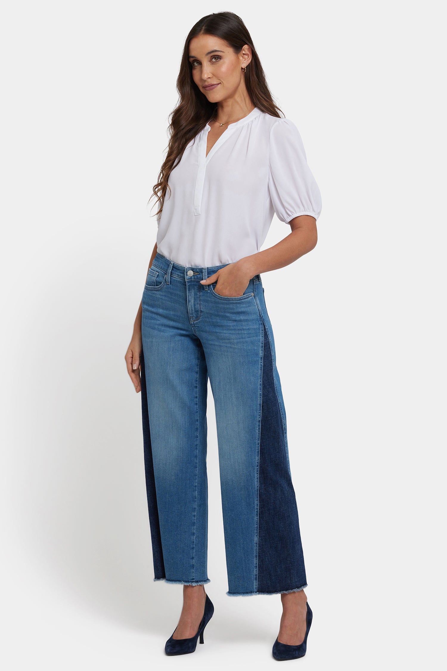 NYDJ Teresa Wide Leg Jeans In Petite With Contrast Side Panels, Frayed Hems And 27