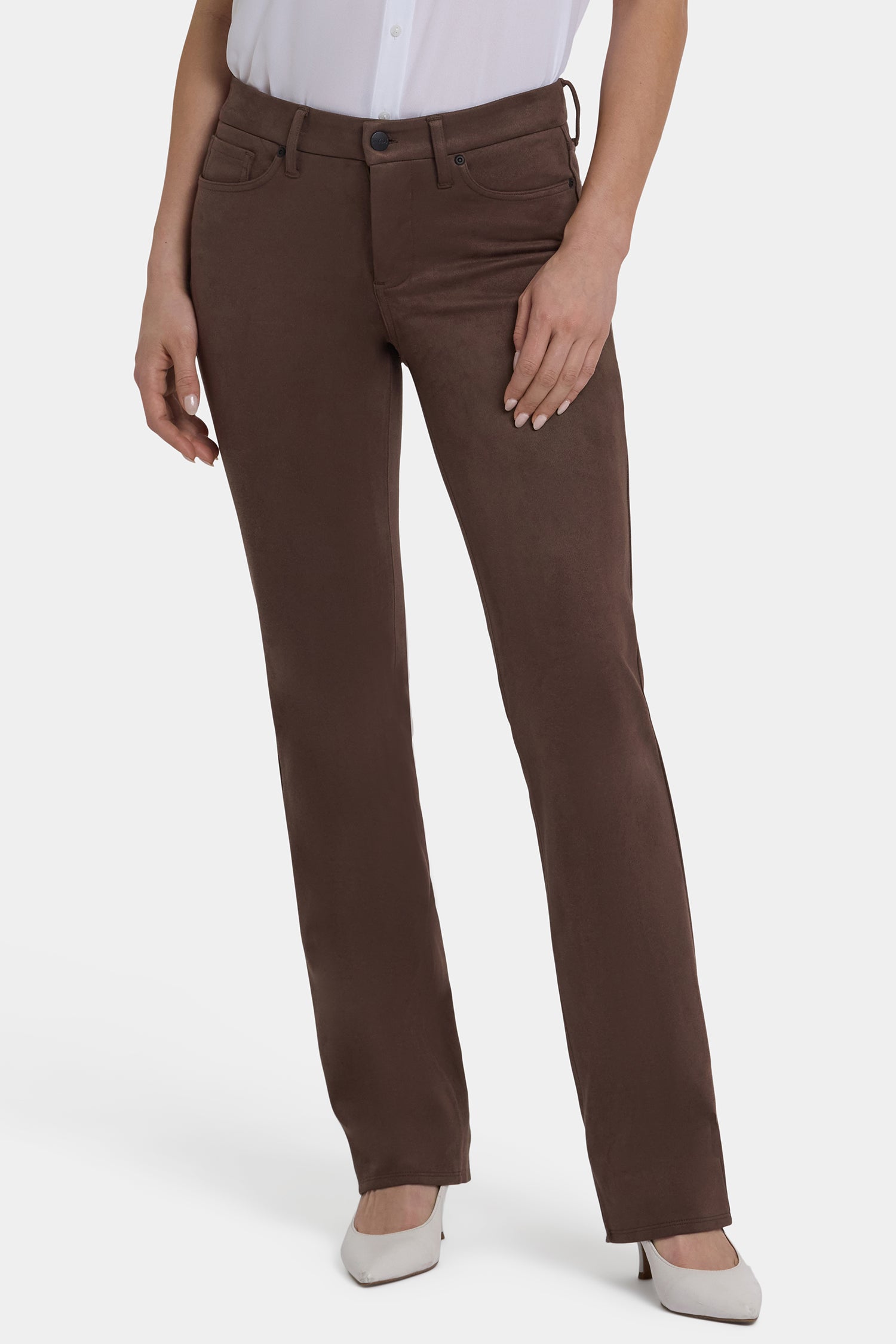NYDJ Marilyn Straight Pants In Petite In Stretch Faux Suede - Coffee Bean