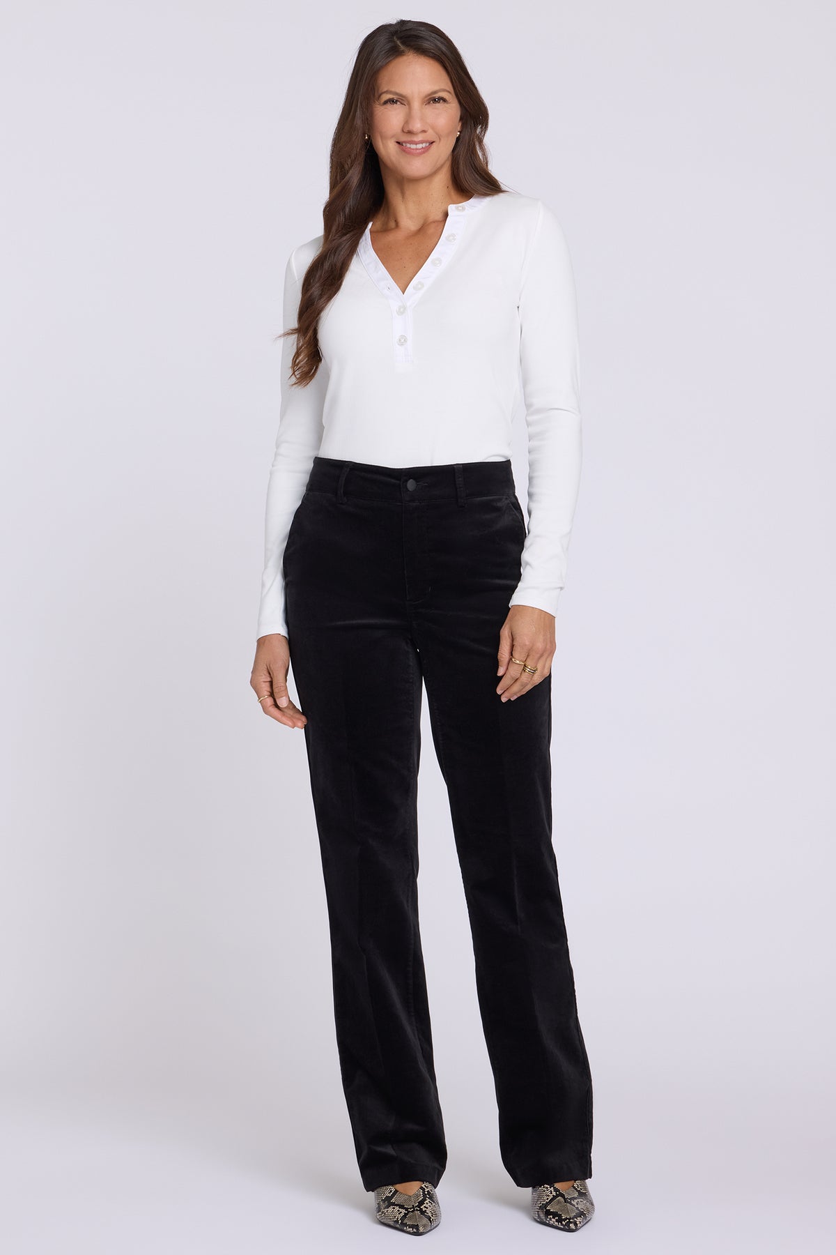 NYDJ Straight Trouser Pants In Petite In Velveteen With High Rise And Satin Piping - Black