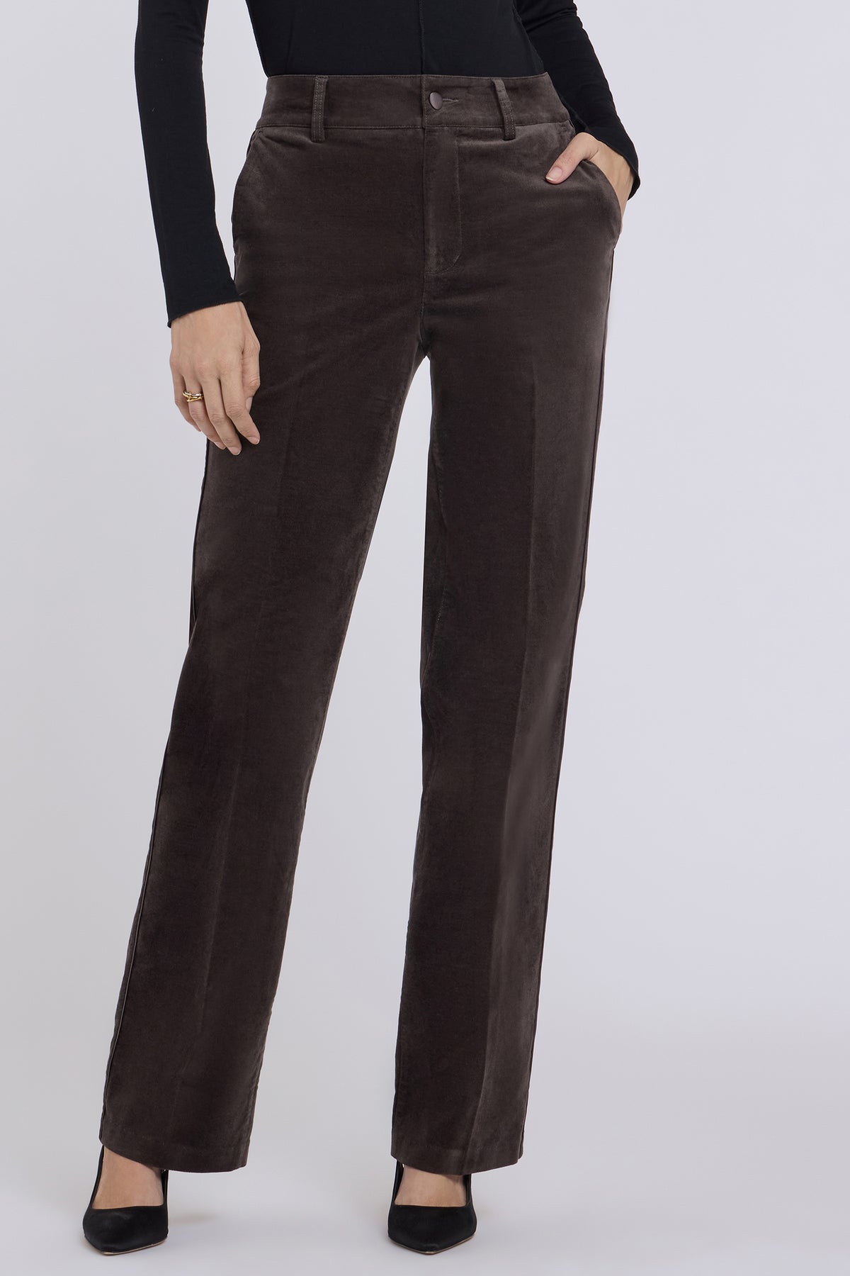 NYDJ Straight Trouser Pants In Petite In Velveteen With High Rise And Satin Piping - Falcon