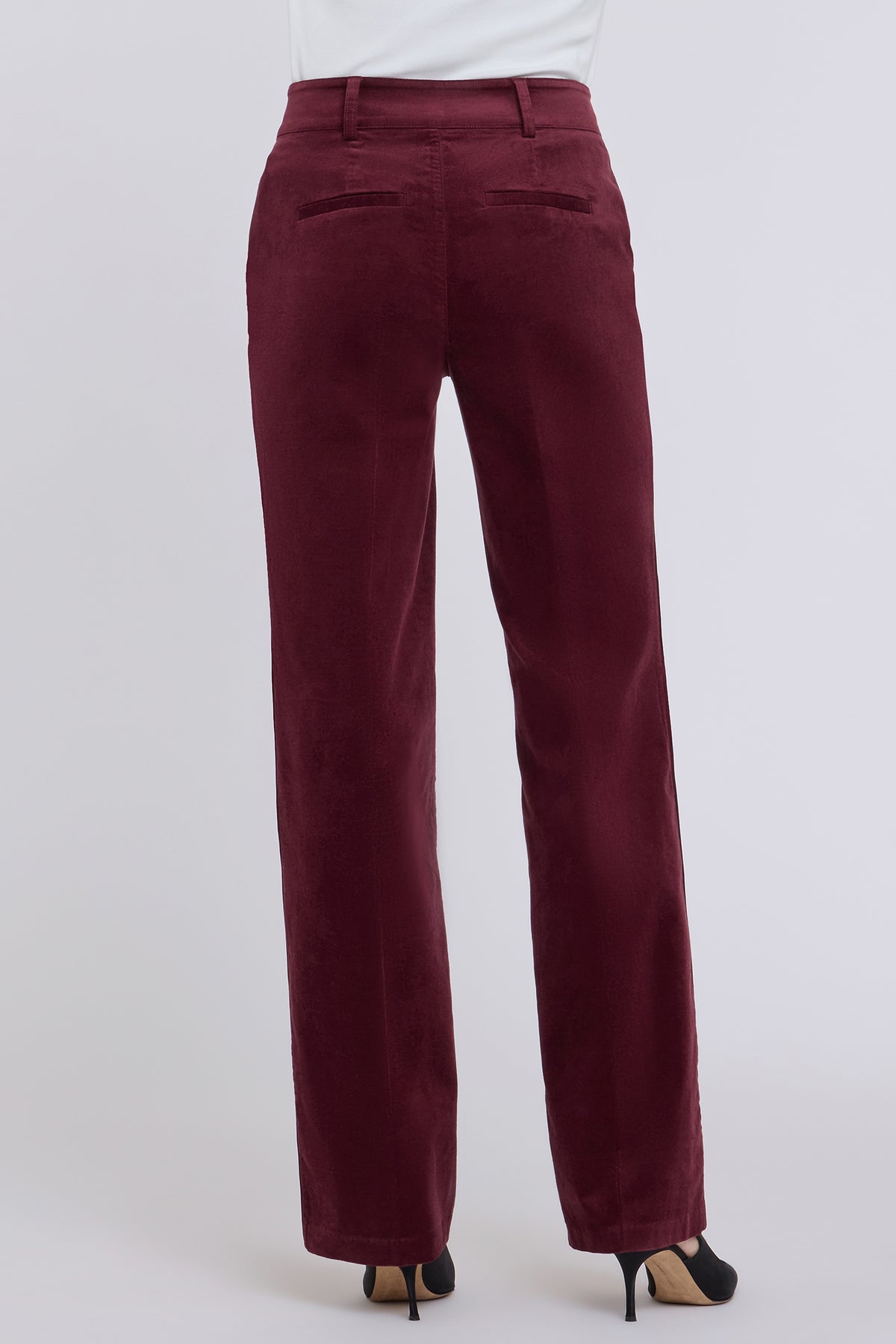 NYDJ Straight Trouser Pants In Petite In Velveteen With High Rise And Satin Piping - True Burgundy