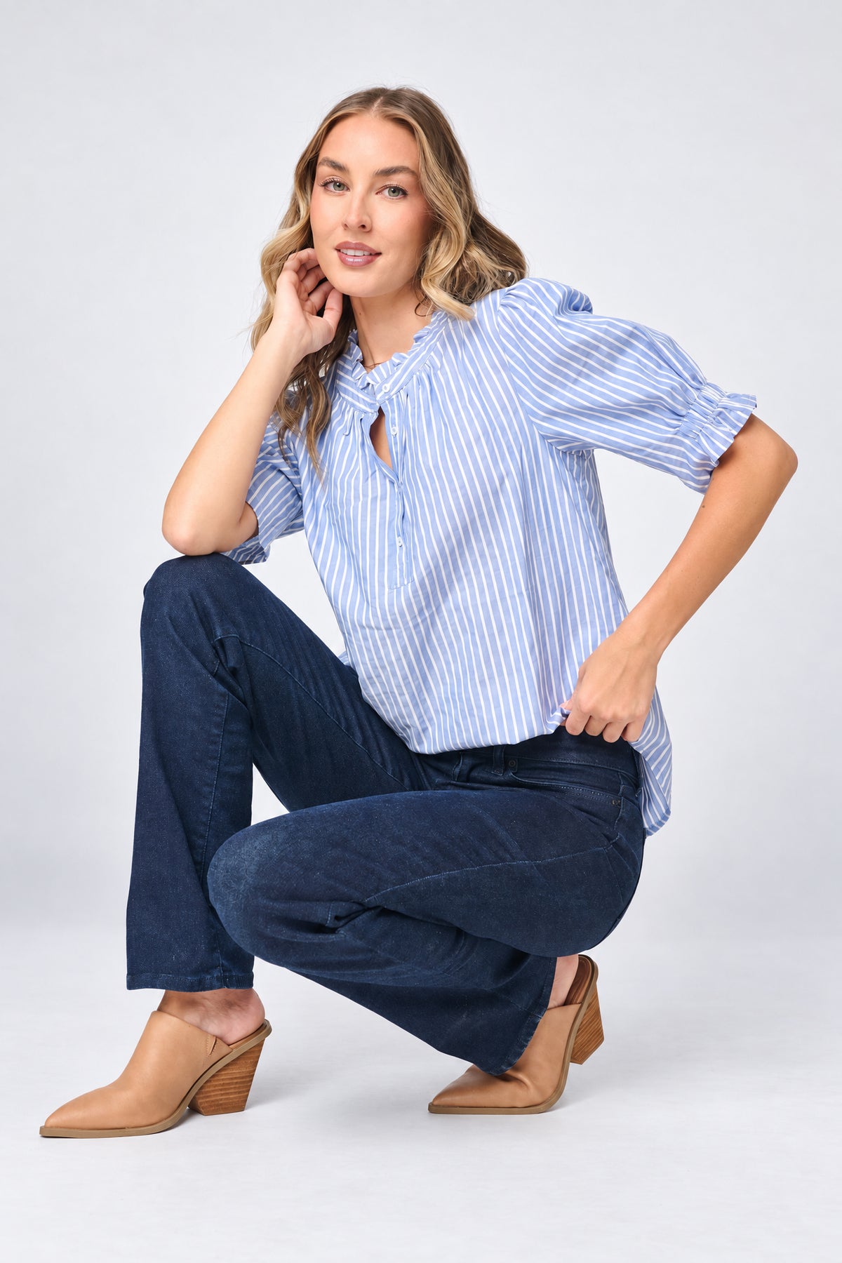 NYDJ Dianthus Henley Puff Sleeve Stripe Blouse by Gibsonlook  - Dianthus Henley Puff Sleeve Stripe Blouse by Gibsonlook