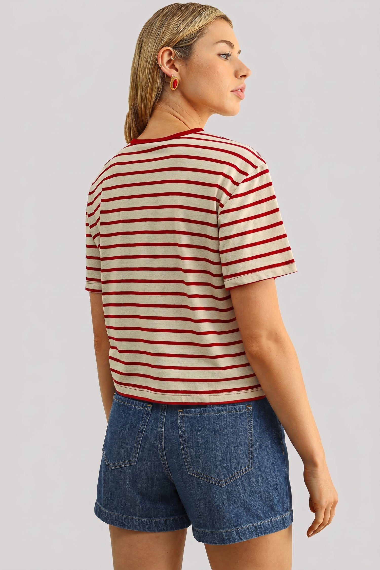NYDJ Striped Ringer Tee In Stretch Linen - Red Stripe