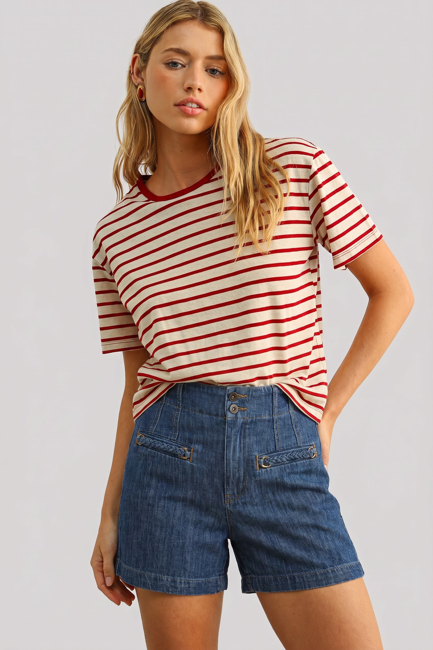 NYDJ Striped Ringer Tee In Stretch Linen - Red Stripe