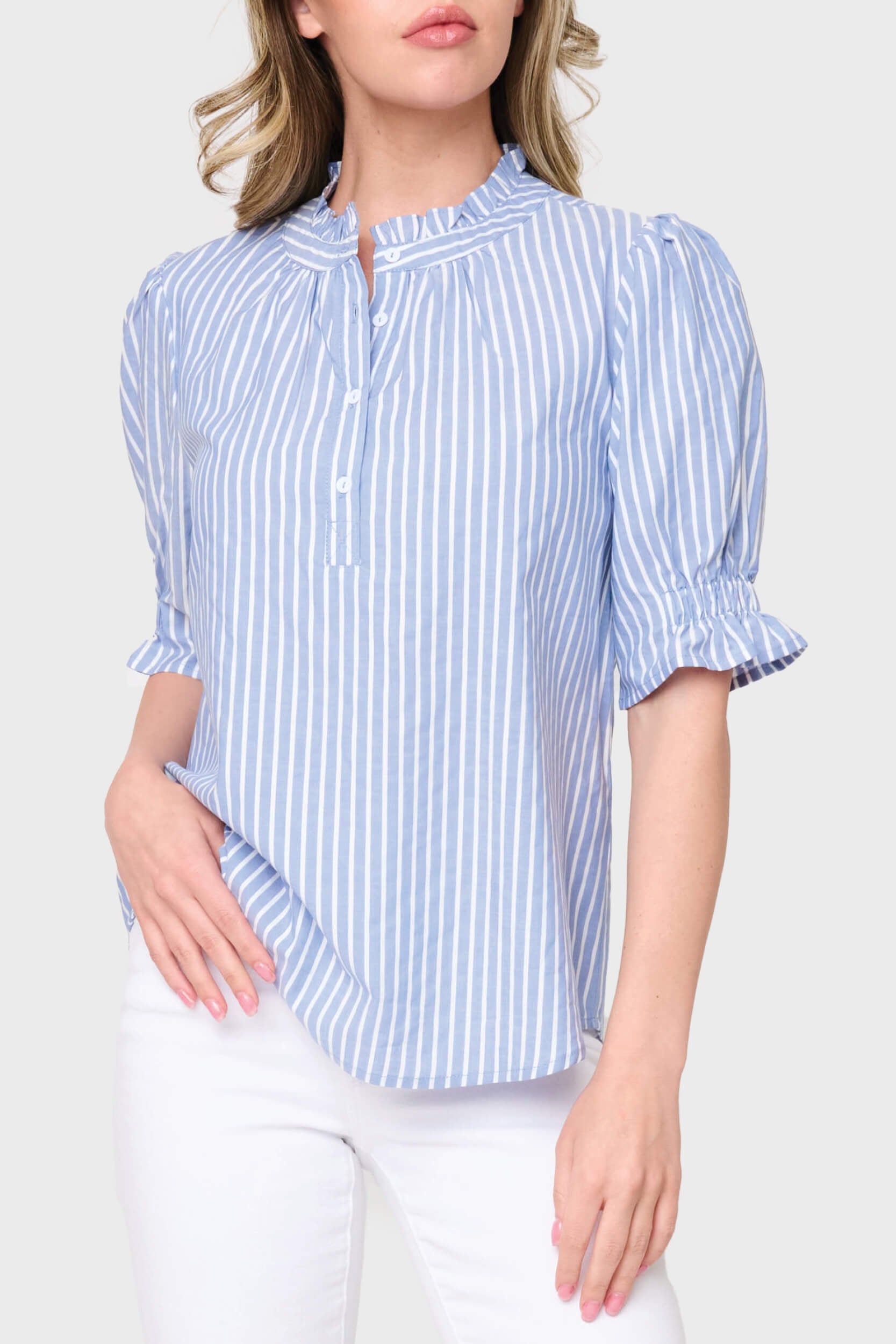 NYDJ Dianthus Henley Puff Sleeve Stripe Blouse by Gibsonlook  - Dianthus Henley Puff Sleeve Stripe Blouse by Gibsonlook