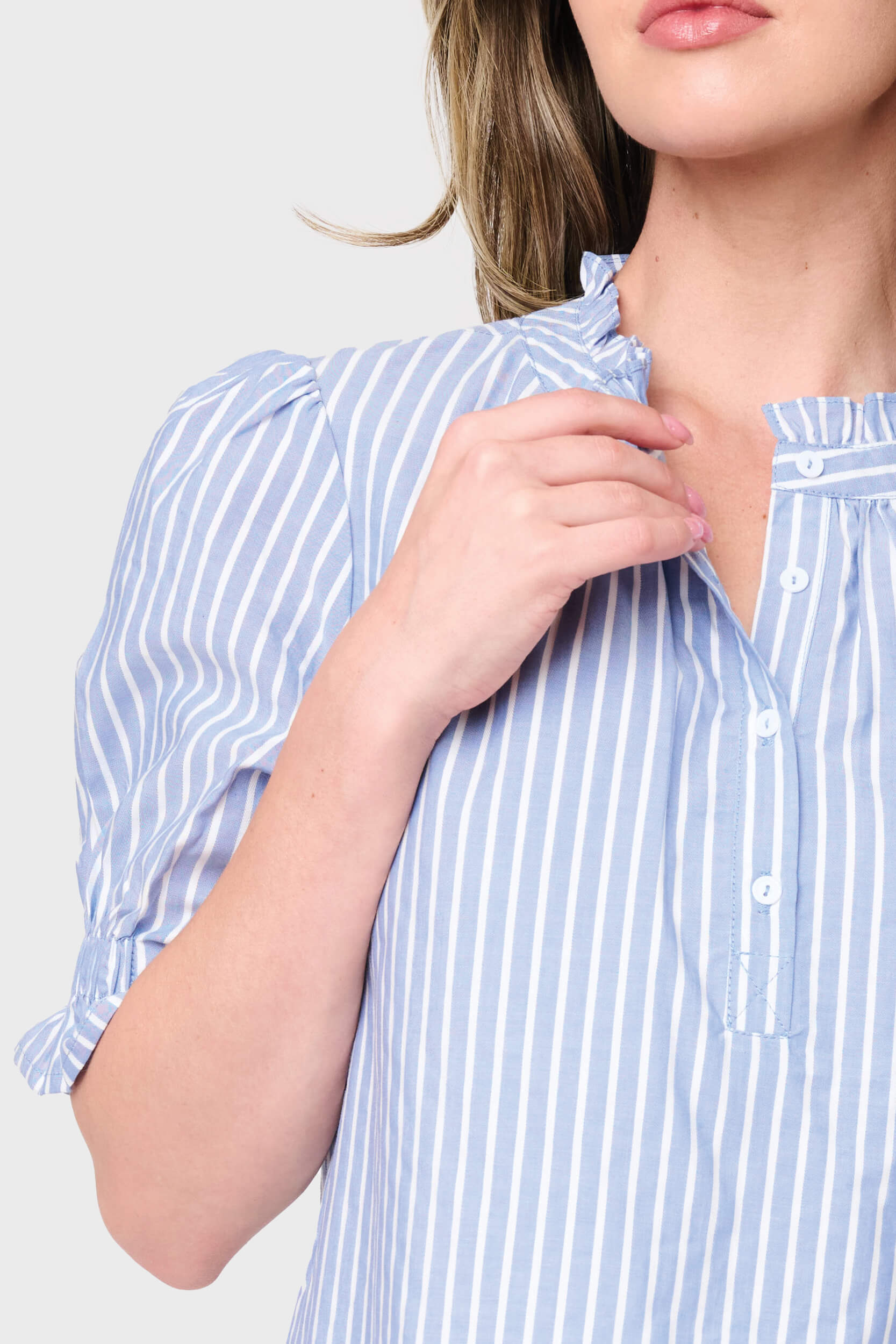 NYDJ Dianthus Henley Puff Sleeve Stripe Blouse by Gibsonlook  - Dianthus Henley Puff Sleeve Stripe Blouse by Gibsonlook
