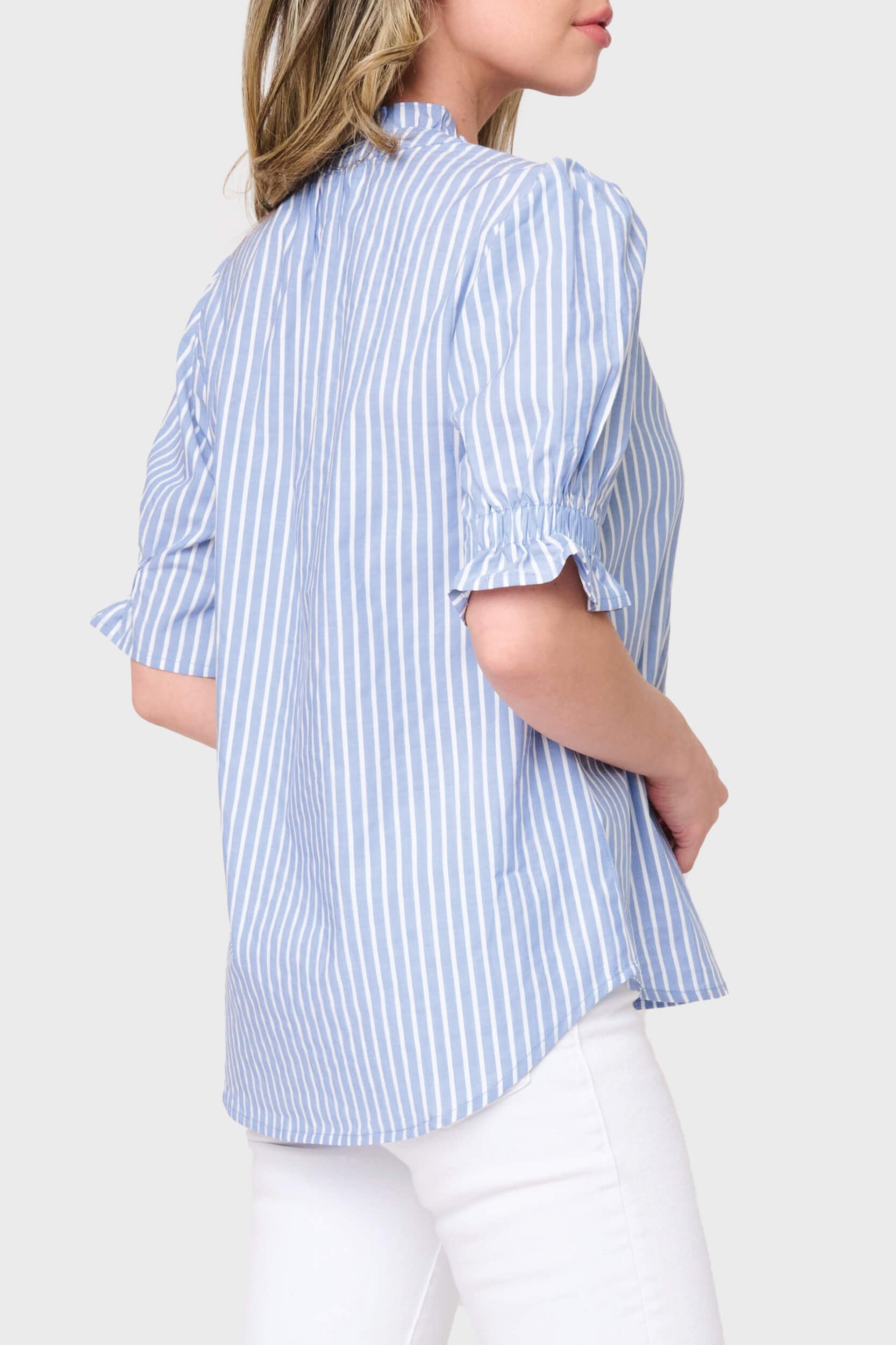 NYDJ Dianthus Henley Puff Sleeve Stripe Blouse by Gibsonlook  - Dianthus Henley Puff Sleeve Stripe Blouse by Gibsonlook