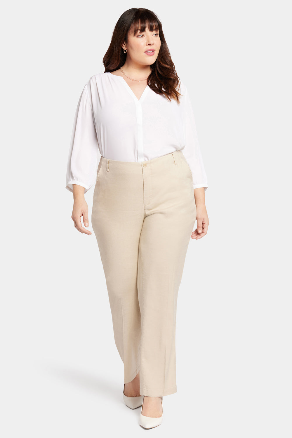 Marilyn Straight Pants In Plus Size In Stretch Linen - Feather Tan