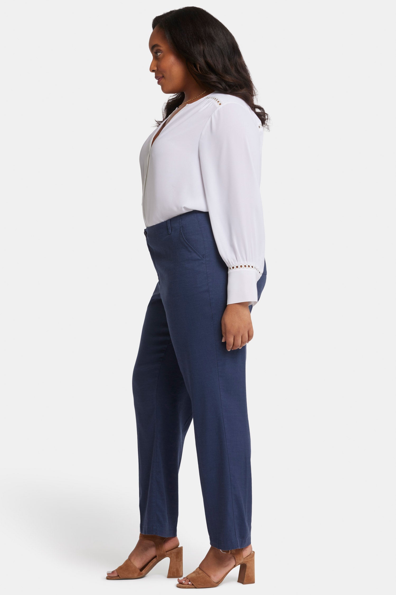 サンシー N.M OXFORD  w/耳 STRAIGHT PANTS Marilyn Straight Pants In Plus Size In Stretch Linen - Oxford Navy