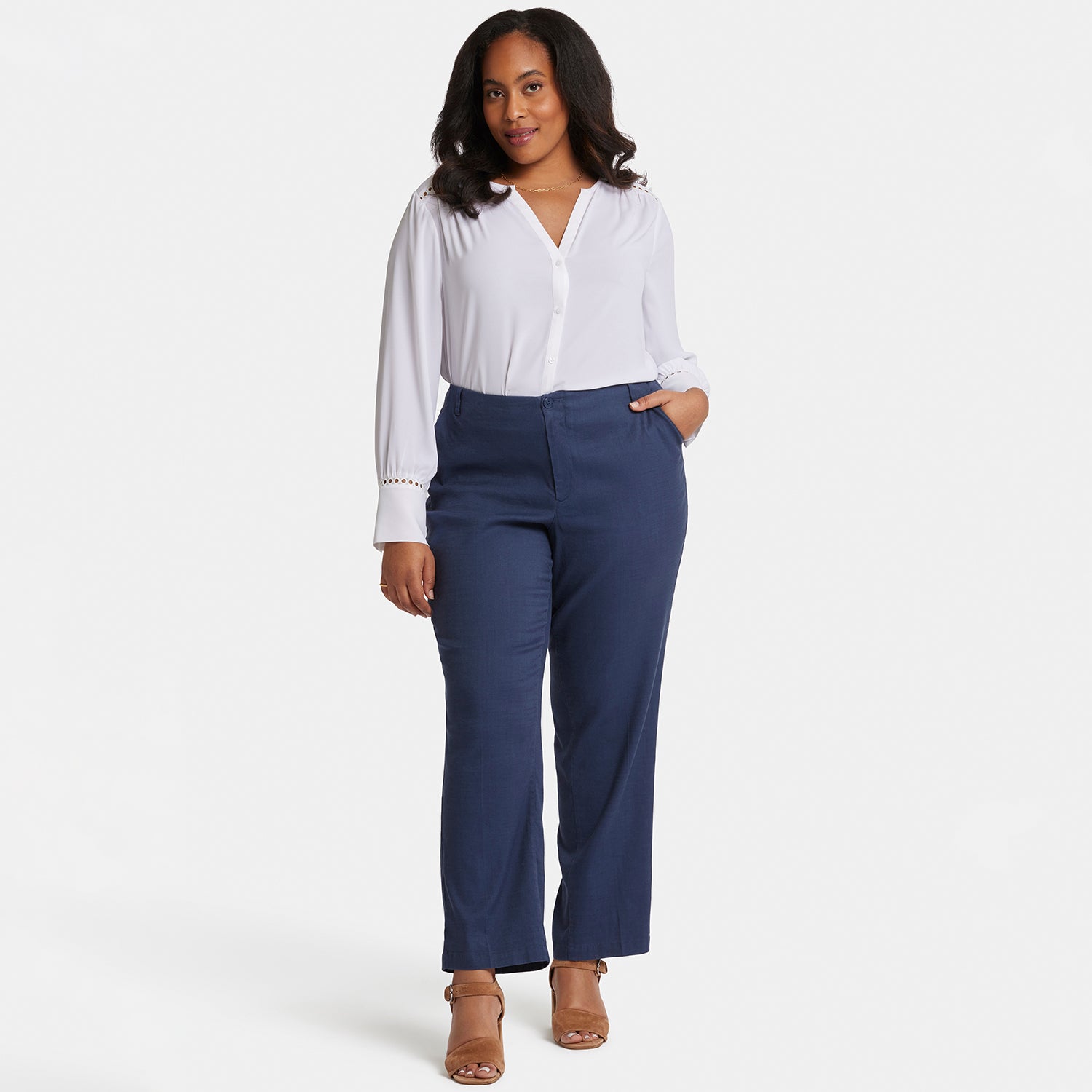 Marilyn Straight Pants In Plus Size In Stretch Linen - Oxford Navy