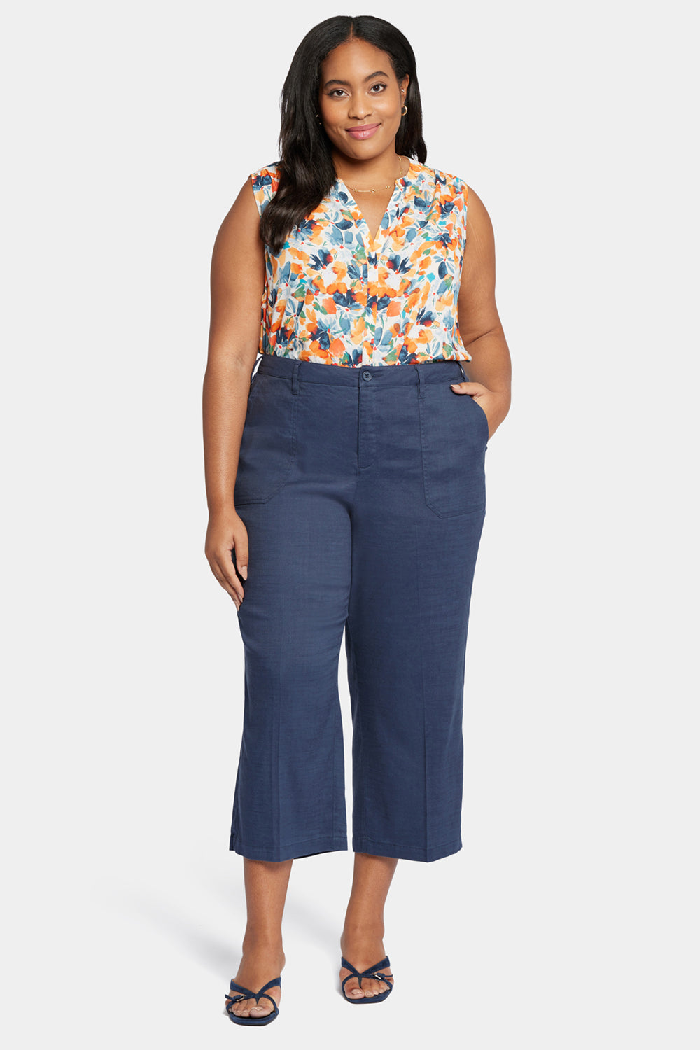 NYDJ Wide Leg Cargo Capri Pants In Plus Size In Stretch Linen - Oxford Navy