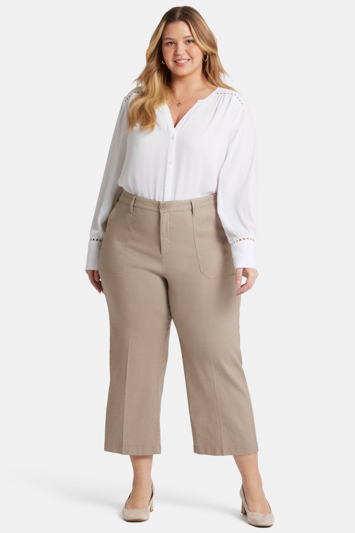 NYDJ Wide Leg Cargo Capri Pants In Plus Size In Stretch Linen - Saddlewood