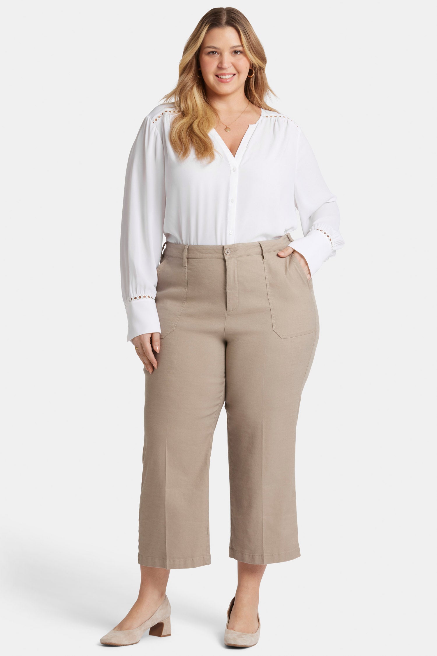 NYDJ Wide Leg Cargo Capri Pants In Plus Size In Stretch Linen - Saddlewood