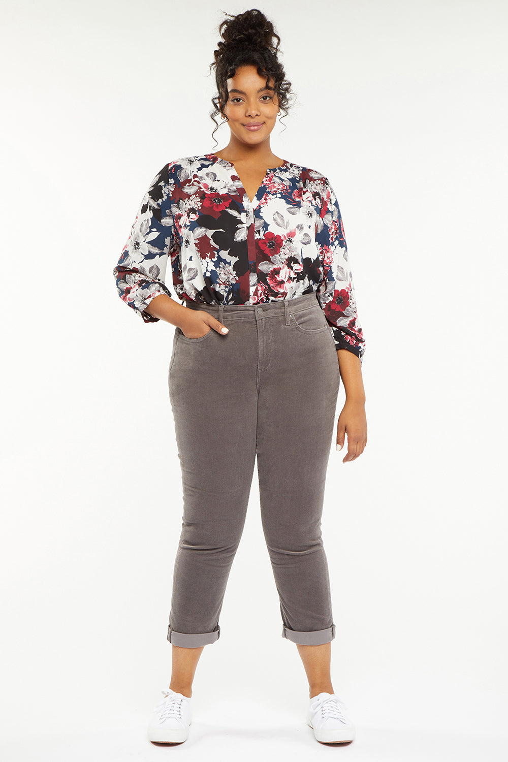 NYDJ Margot Girlfriend Pants In Plus Size In Fine Wale Corduroy With Roll Cuffs - Volcanic Glass