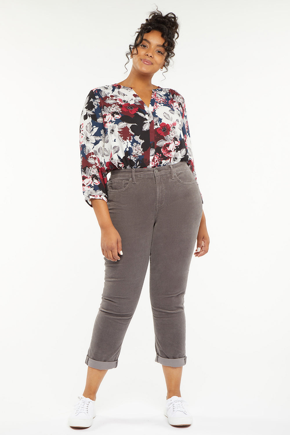 NYDJ Margot Girlfriend Pants In Plus Size In Fine Wale Corduroy With Roll Cuffs - Volcanic Glass