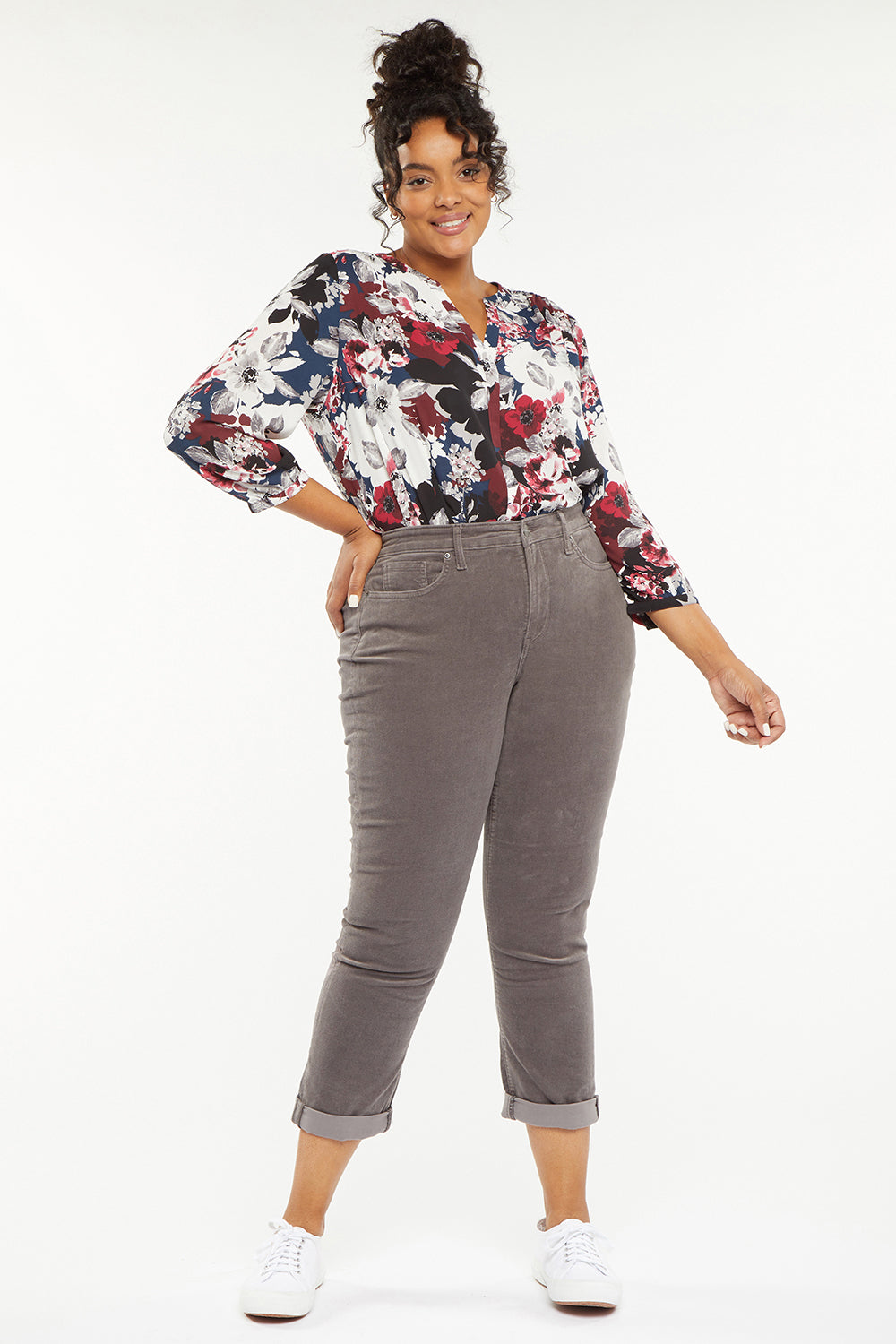 NYDJ Margot Girlfriend Pants In Plus Size In Fine Wale Corduroy With Roll Cuffs - Volcanic Glass