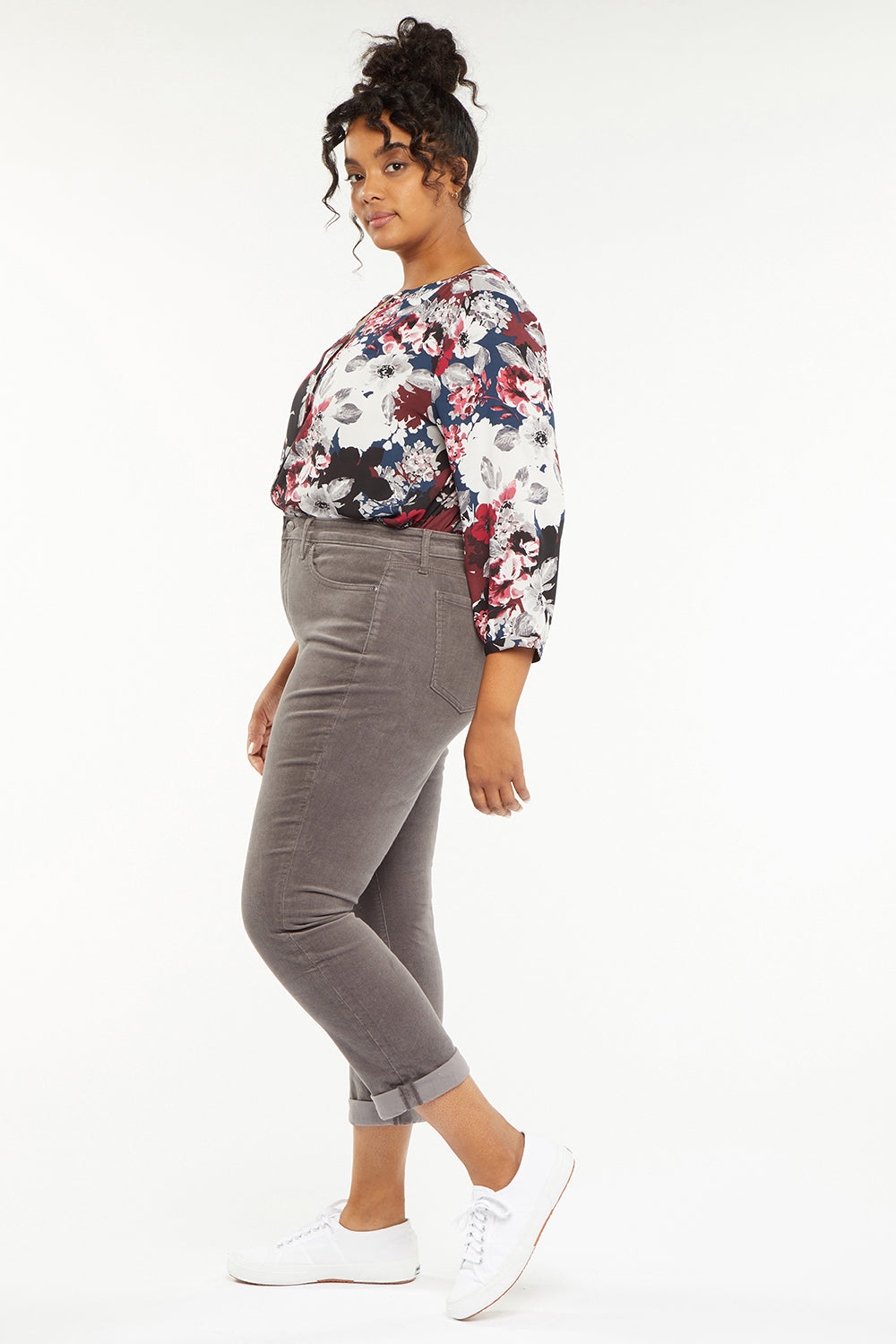 NYDJ Margot Girlfriend Pants In Plus Size In Fine Wale Corduroy With Roll Cuffs - Volcanic Glass