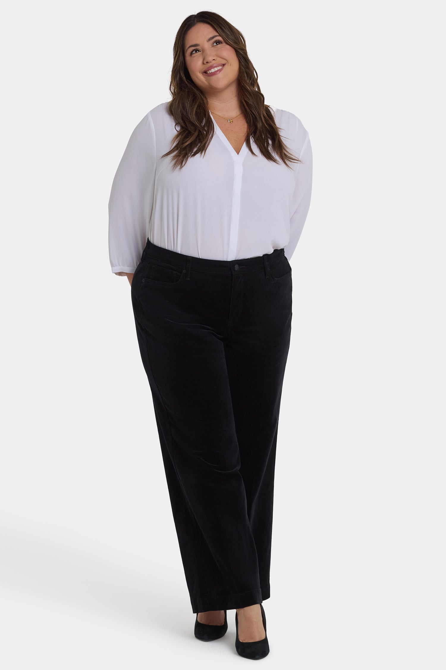 NYDJ Teresa Wide Leg Pants In Plus Size In Fine Wale Stretch Corduroy With 1 1/2" Hems And 31" Inseam - Black