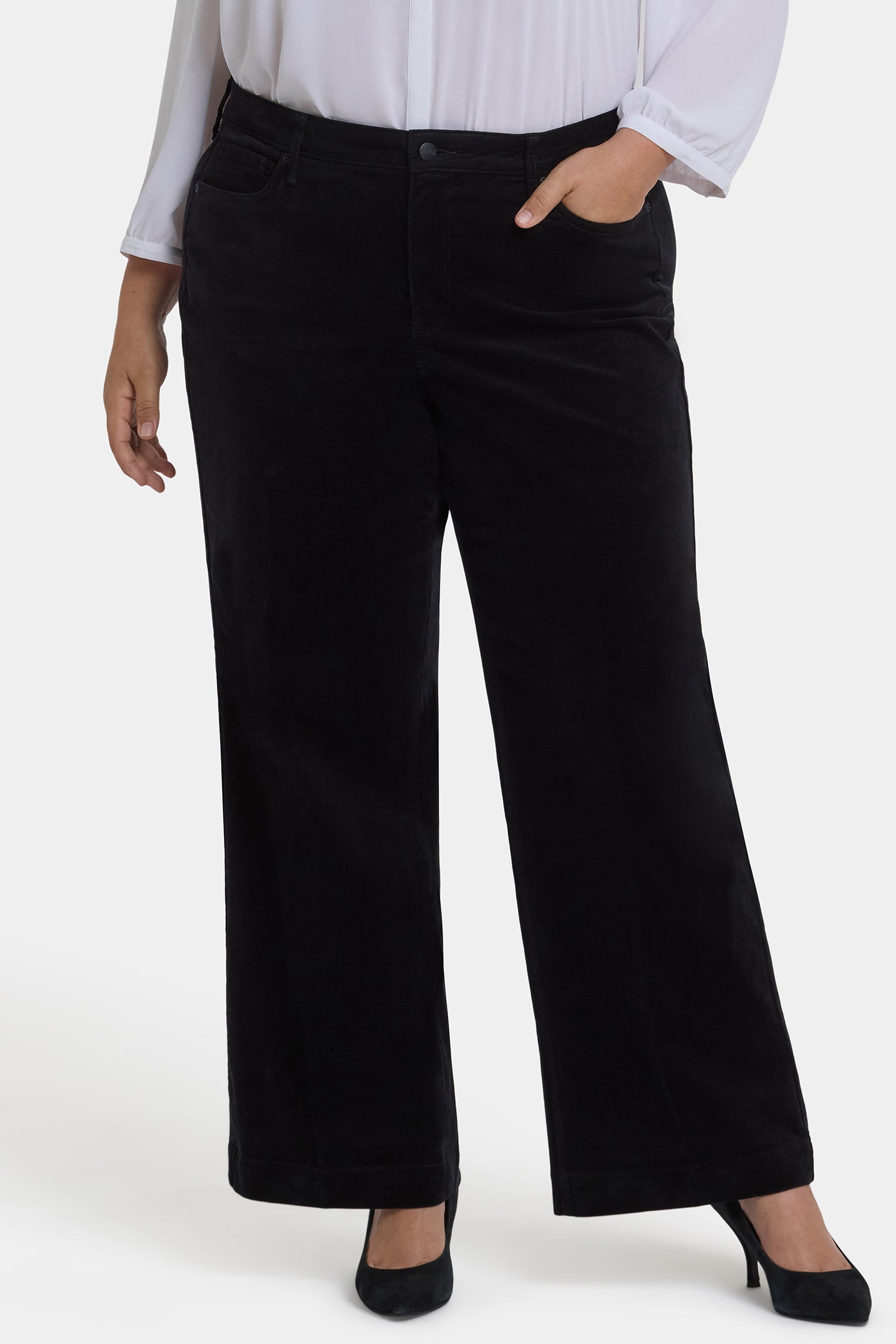 NYDJ Teresa Wide Leg Pants In Plus Size In Fine Wale Stretch Corduroy With 1 1/2" Hems And 31" Inseam - Black