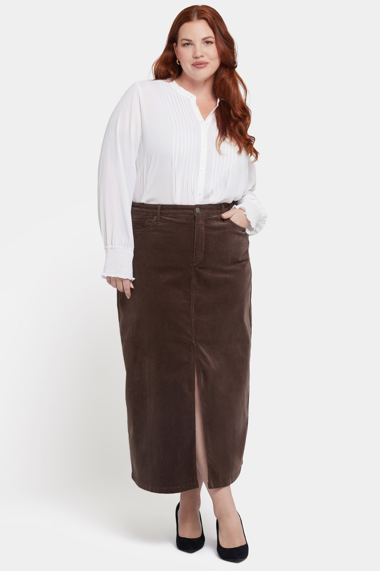 NYDJ High Rise Long Skirt In Plus Size In Fine Wale Stretch Corduroy With Center Front Slit - Coffee Bean