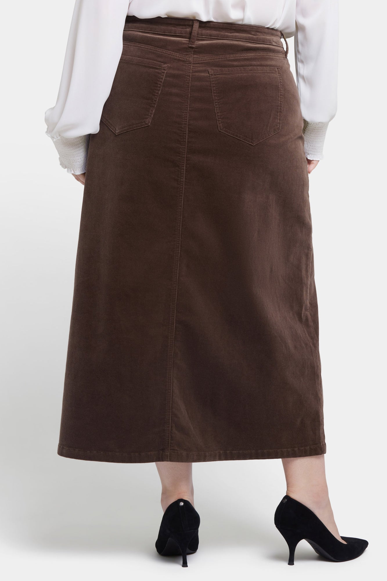 NYDJ High Rise Long Skirt In Plus Size In Fine Wale Stretch Corduroy With Center Front Slit - Coffee Bean