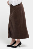 NYDJ High Rise Long Skirt In Plus Size In Fine Wale Stretch Corduroy With Center Front Slit - Coffee Bean