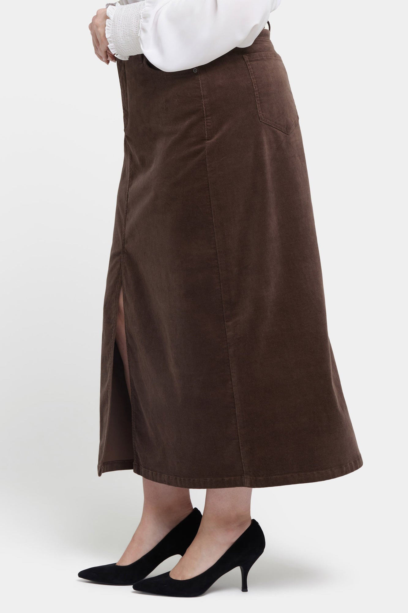 NYDJ High Rise Long Skirt In Plus Size In Fine Wale Stretch Corduroy With Center Front Slit - Coffee Bean