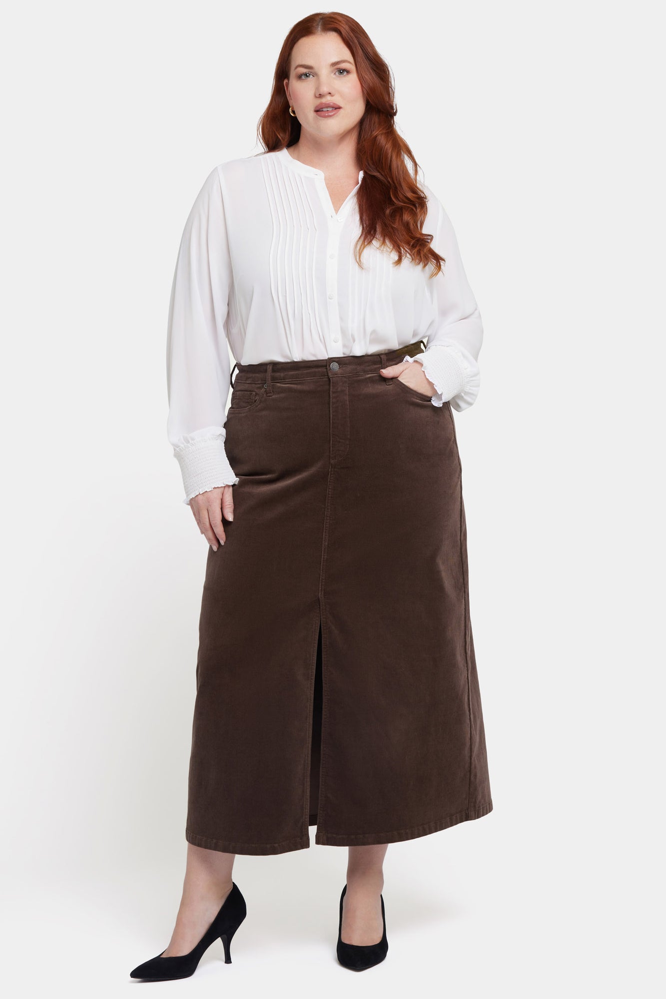 NYDJ High Rise Long Skirt In Plus Size In Fine Wale Stretch Corduroy With Center Front Slit - Coffee Bean