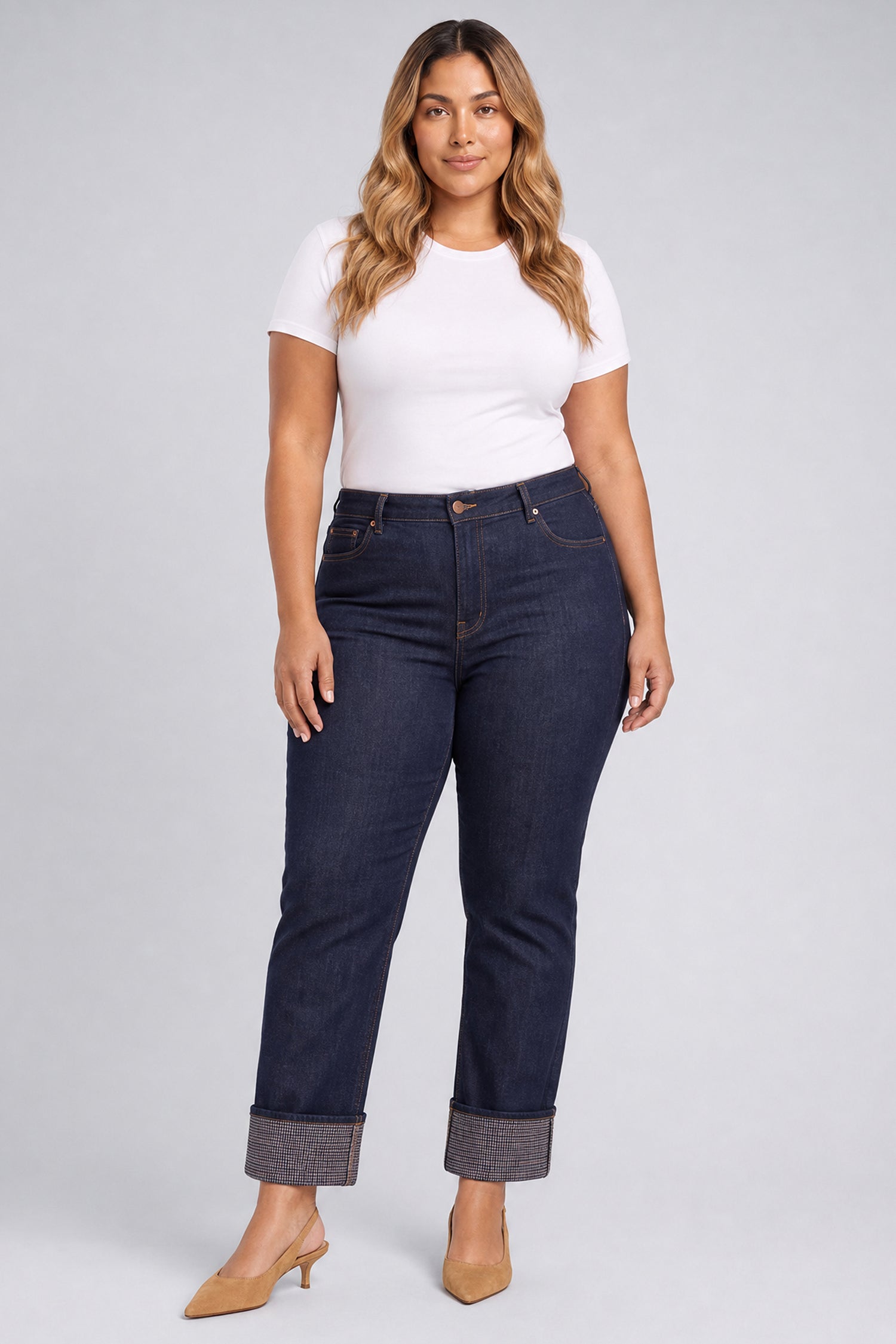 NYDJ Kasey Stovepipe Ankle Jeans In Plus Size With Super High Rise And Plaid Cuffs - Rinse
