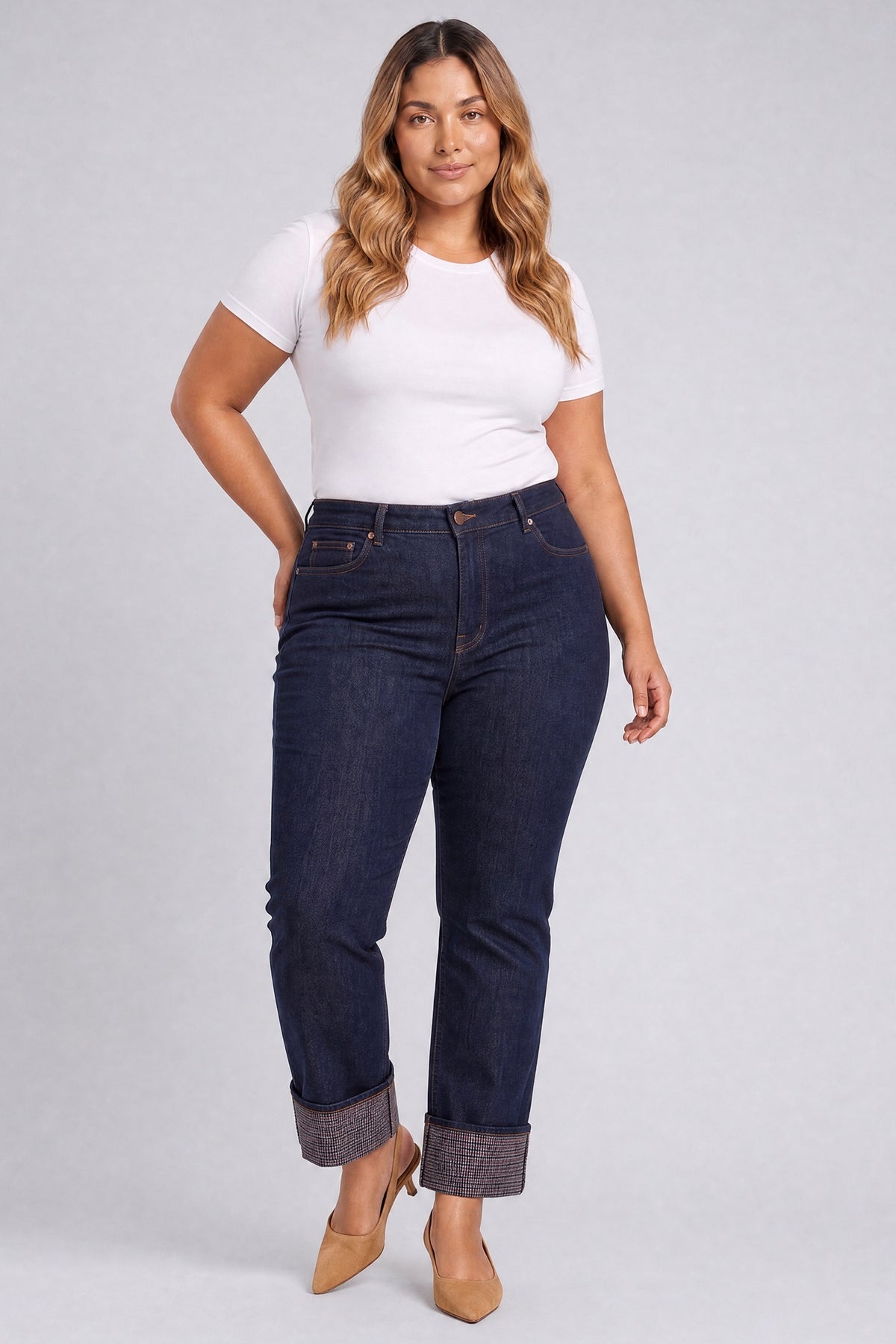 NYDJ Kasey Stovepipe Ankle Jeans In Plus Size With Super High Rise And Plaid Cuffs - Rinse