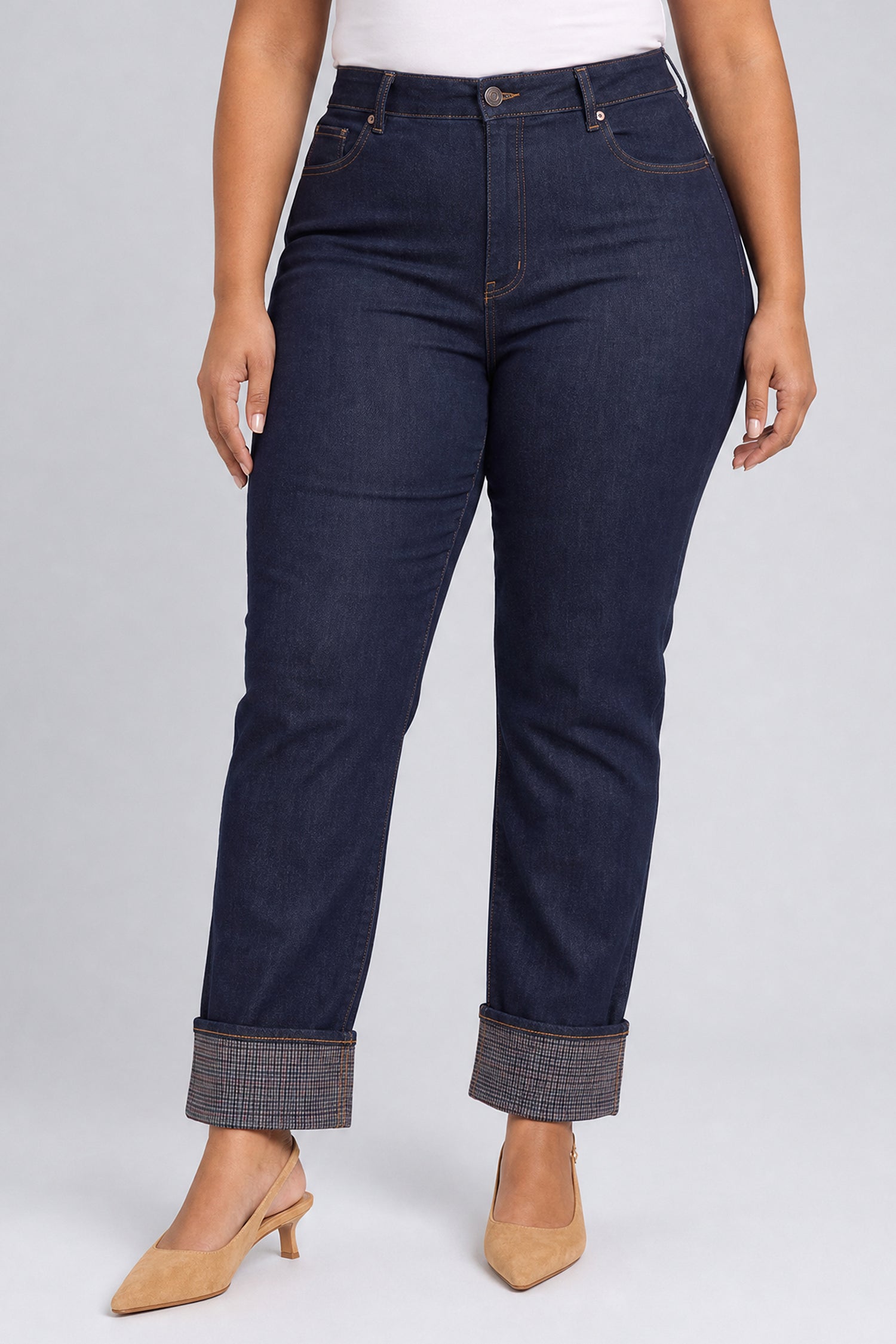 NYDJ Kasey Stovepipe Ankle Jeans In Plus Size With Super High Rise And Plaid Cuffs - Rinse