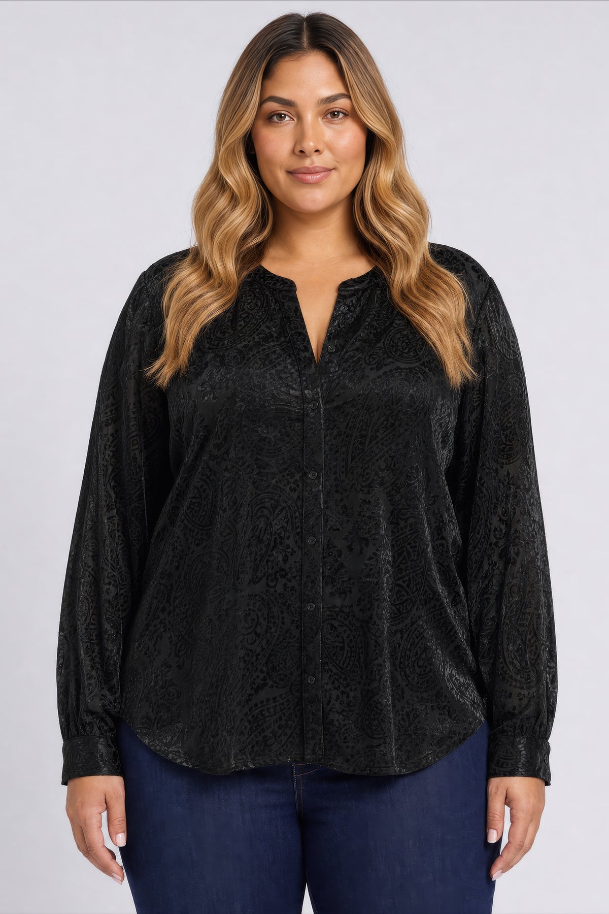NYDJ Bonnie Blouse In Plus Size In Burnout Velvet - Black