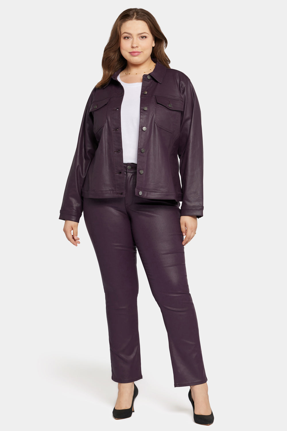Coated Denim Jacket In Plus Size With Slanted Seams - Eggplant Coated  Purple | NYDJ