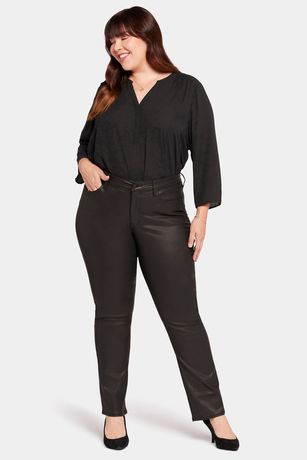 NYDJ Uplift Coated Marilyn Straight Jeans In Plus Size  - Black Coated