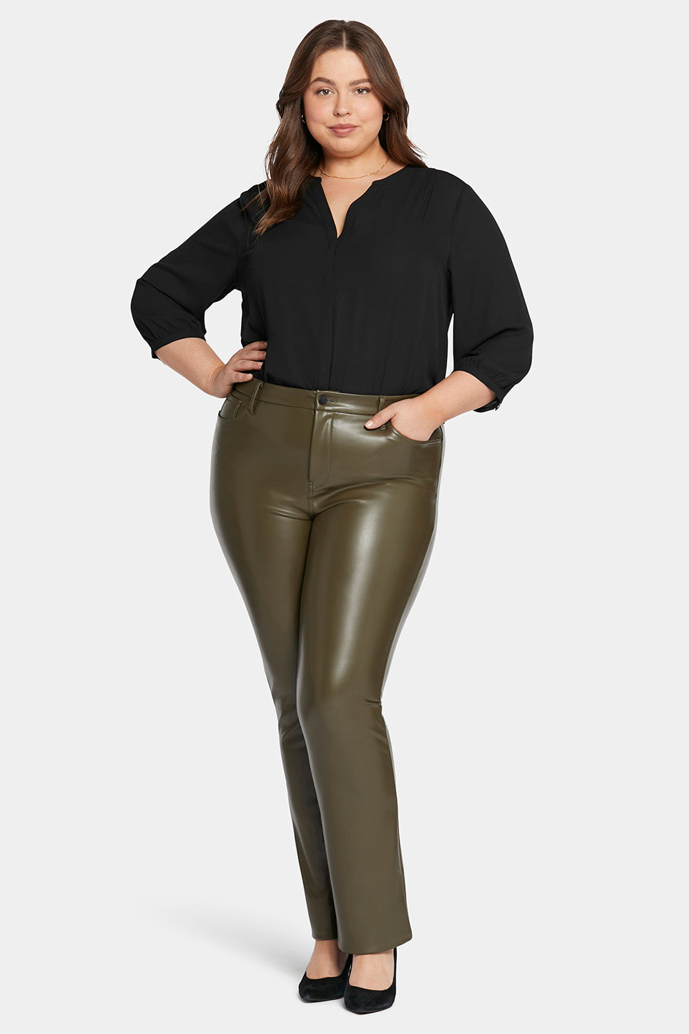 NYDJ Faux Leather Marilyn Straight Pants In Plus Size Sculpt-Her™ Collection - Ripe Olive