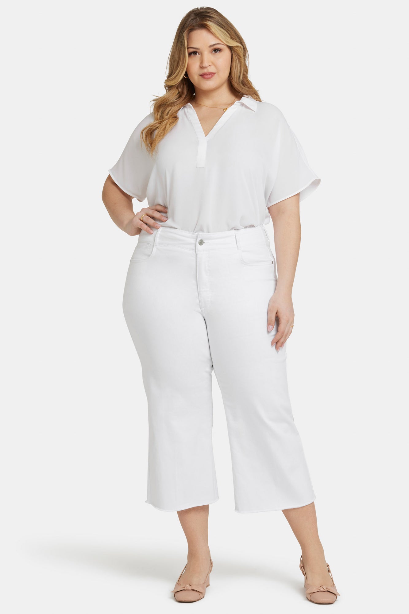 NYDJ Brigitte Wide Leg Capri Jeans In Plus Size With High Rise And Frayed Hems - Optic White