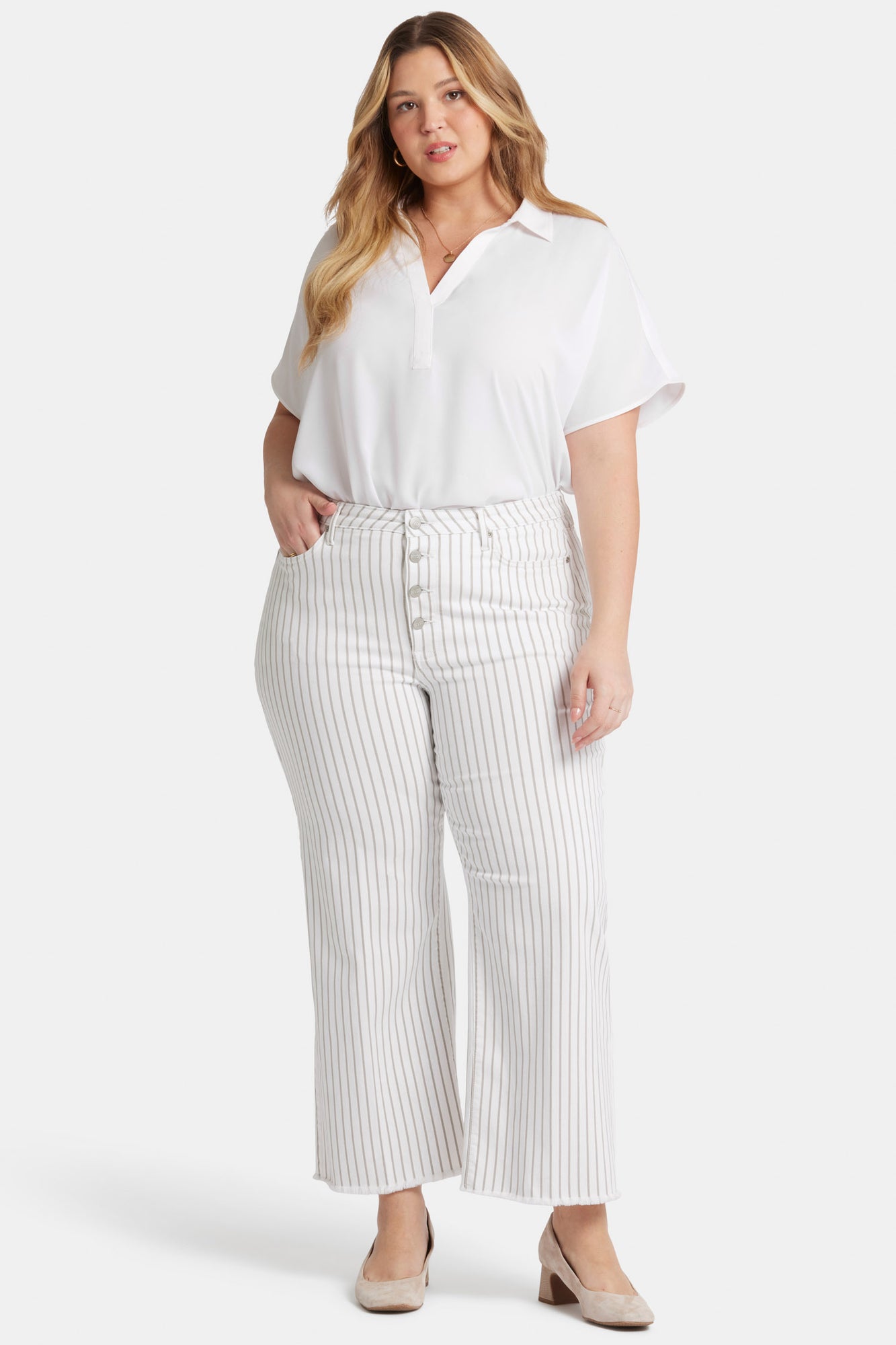 NYDJ Teresa Wide Leg Ankle Jeans In Plus Size With High Rise And Frayed Hems - Beach Cruise Stripe