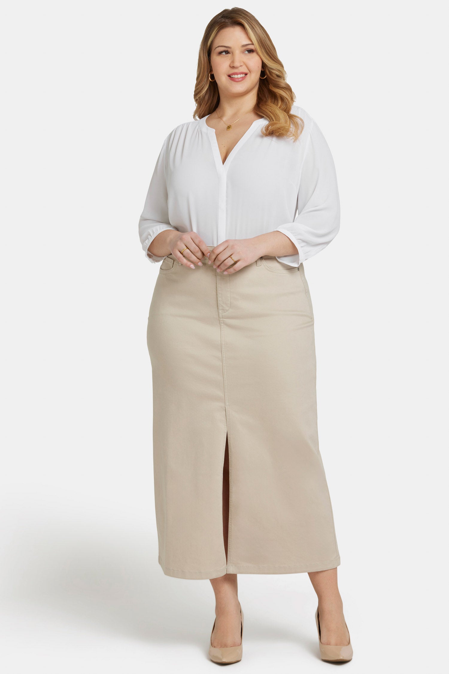 NYDJ High Rise Long Skirt In Plus Size With Center Front Slit - Feather