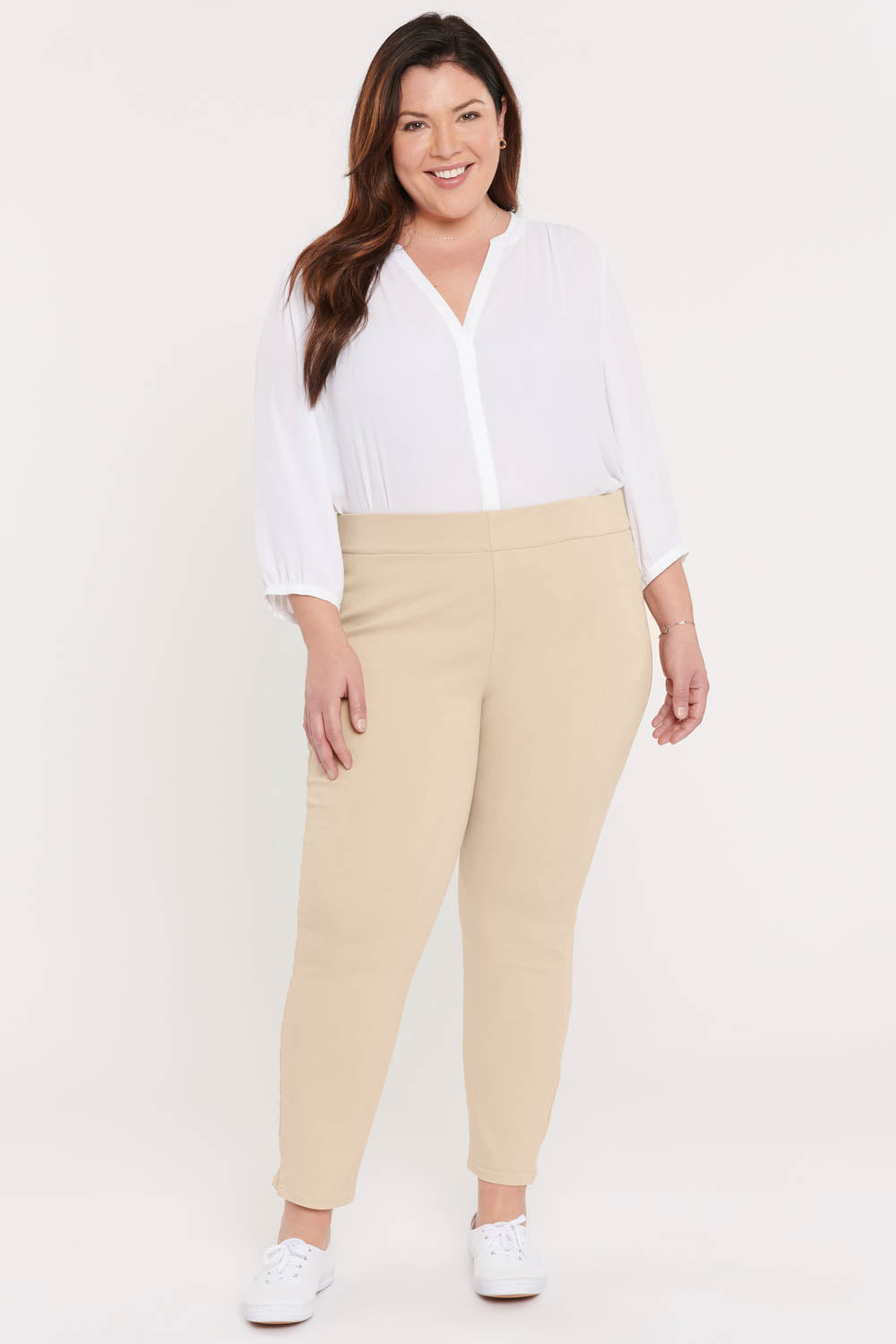 NYDJ Skinny Ankle Pull-On Jeans In Plus Size With Side Slits - Marisol Warm Sand