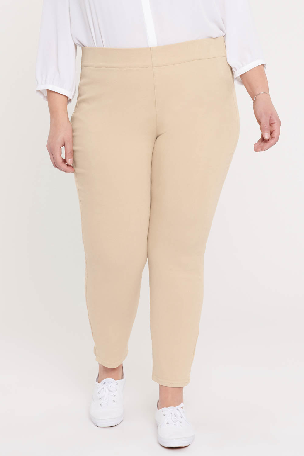 NYDJ Skinny Ankle Pull-On Jeans In Plus Size With Side Slits - Marisol Warm Sand