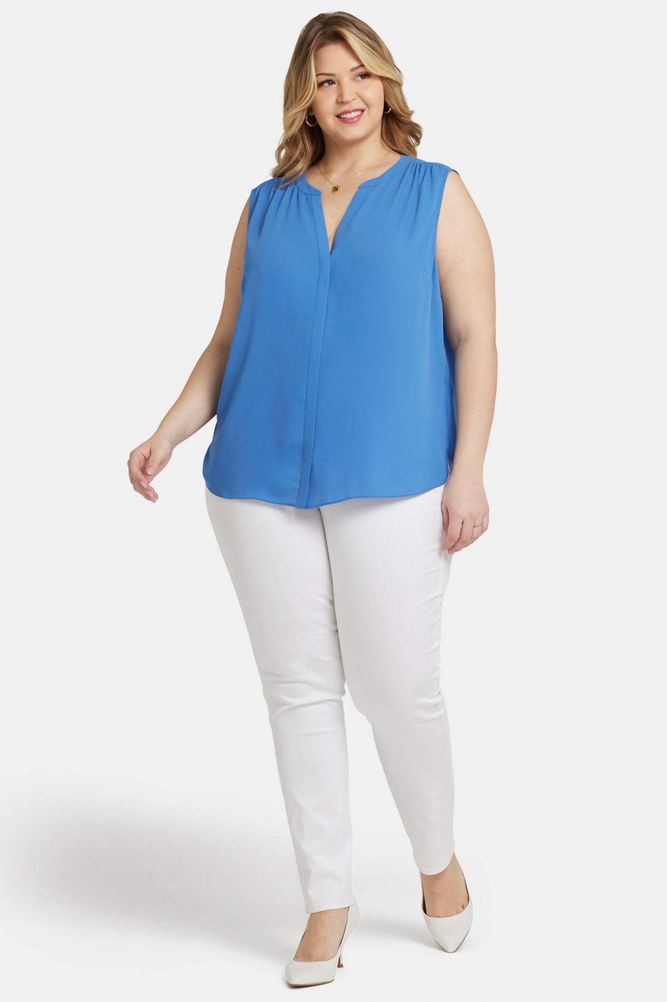 NYDJ Sleeveless Pintuck Blouse In Plus Size  - Greek Sea