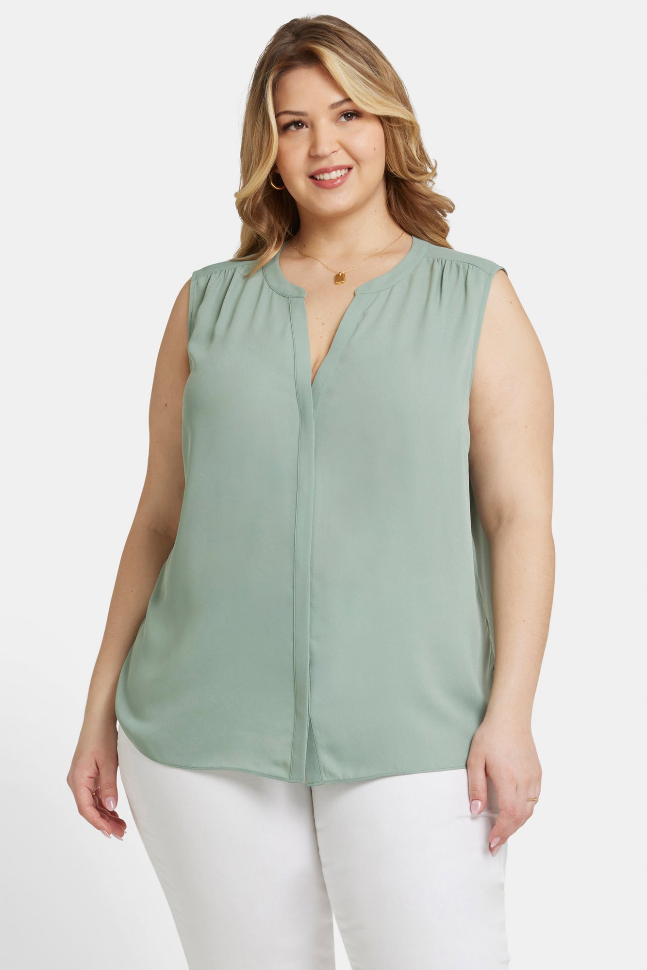 NYDJ Sleeveless Pintuck Blouse In Plus Size  - Lily Pad