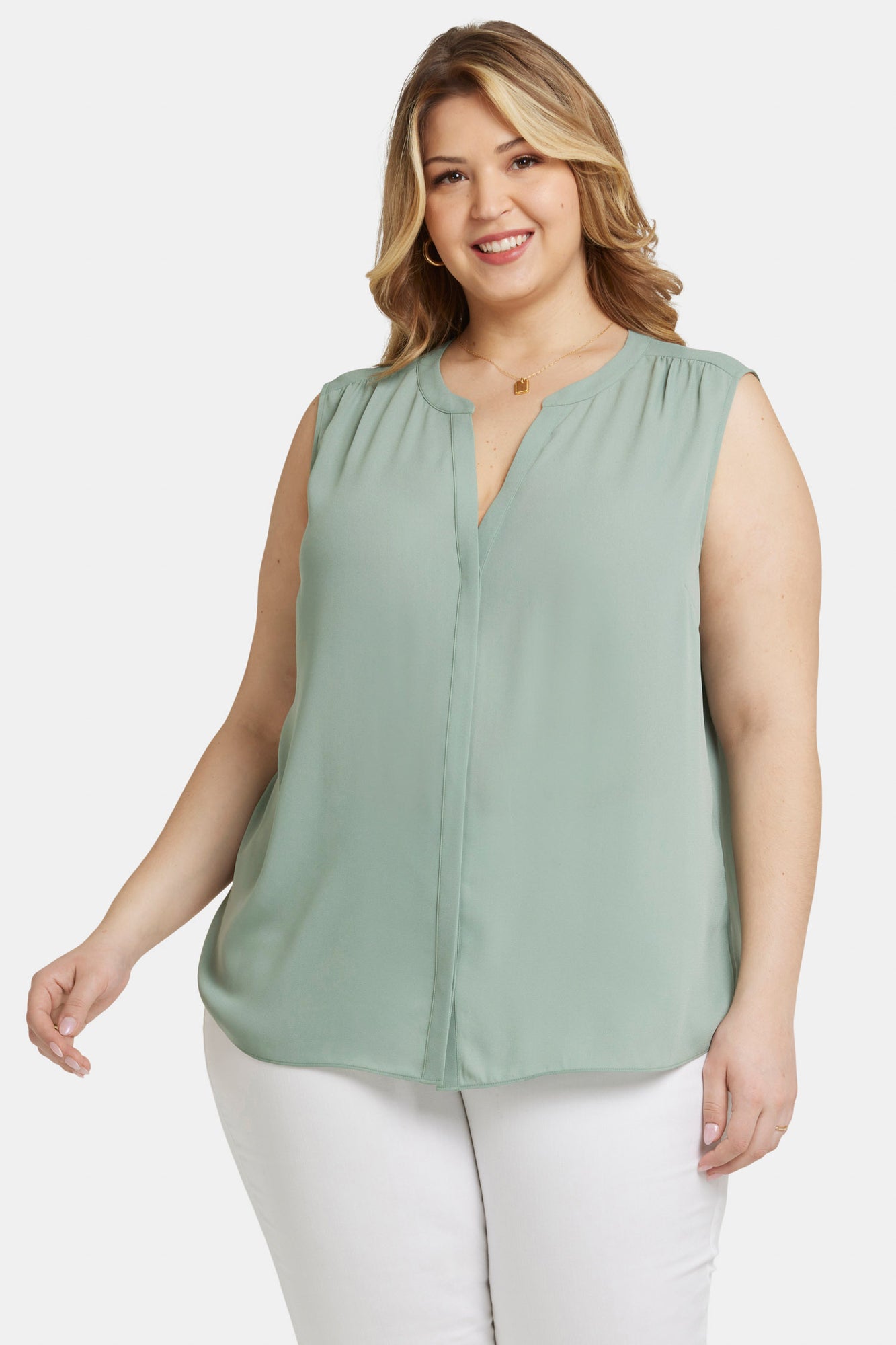 NYDJ Sleeveless Pintuck Blouse In Plus Size  - Lily Pad