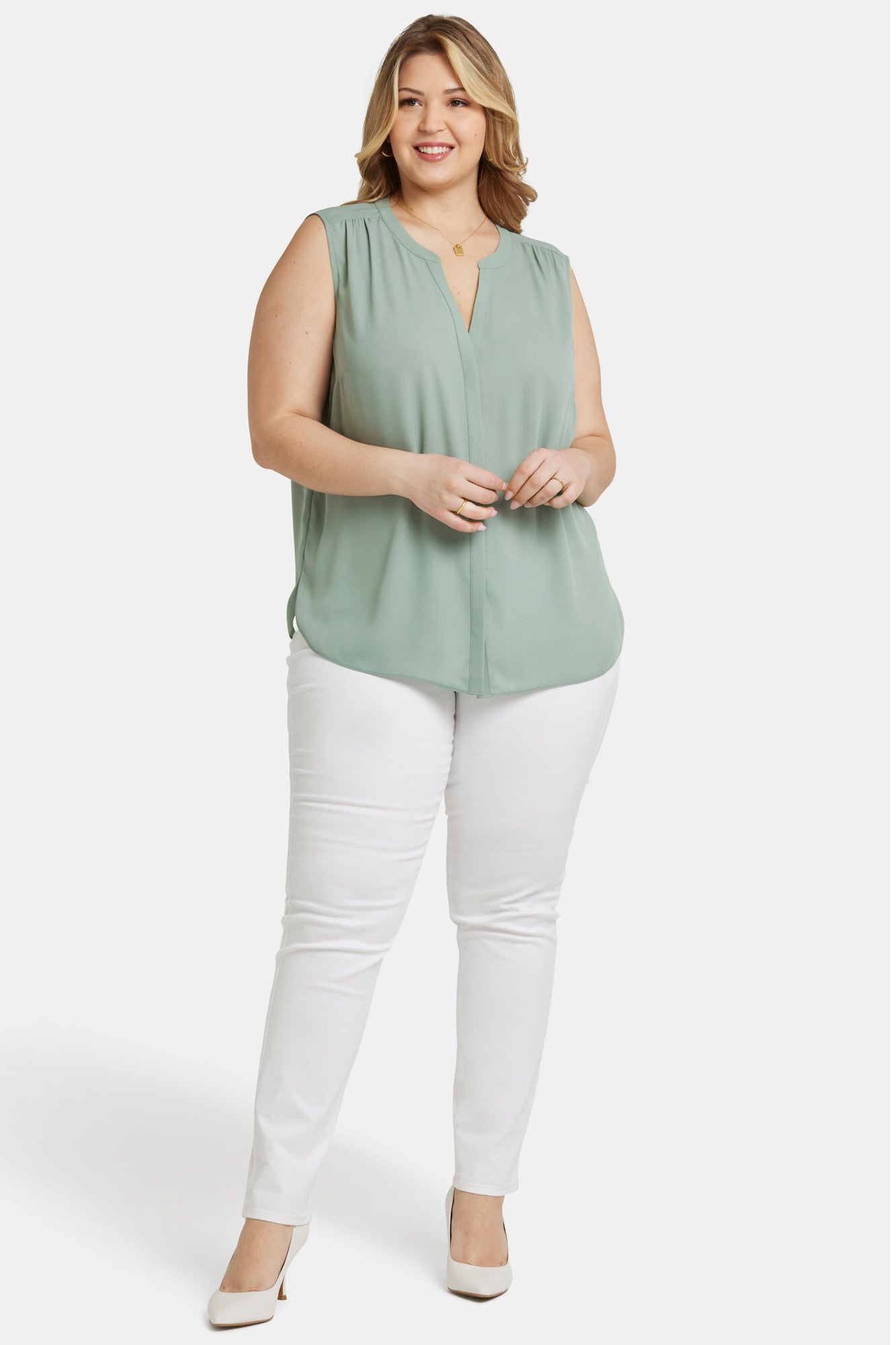 NYDJ Sleeveless Pintuck Blouse In Plus Size  - Lily Pad