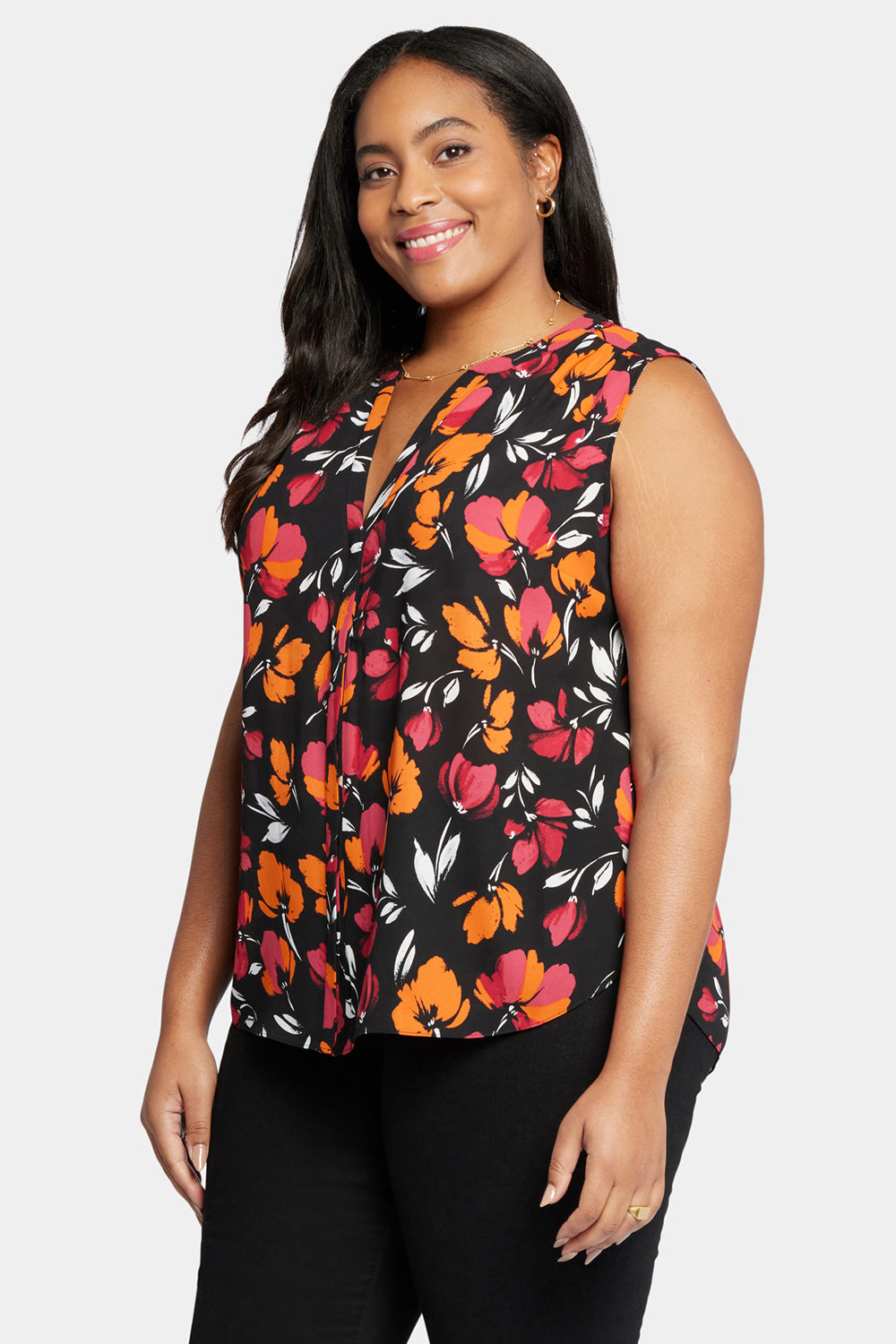 NYDJ Sleeveless Pintuck Blouse In Plus Size  - Tropical Waves
